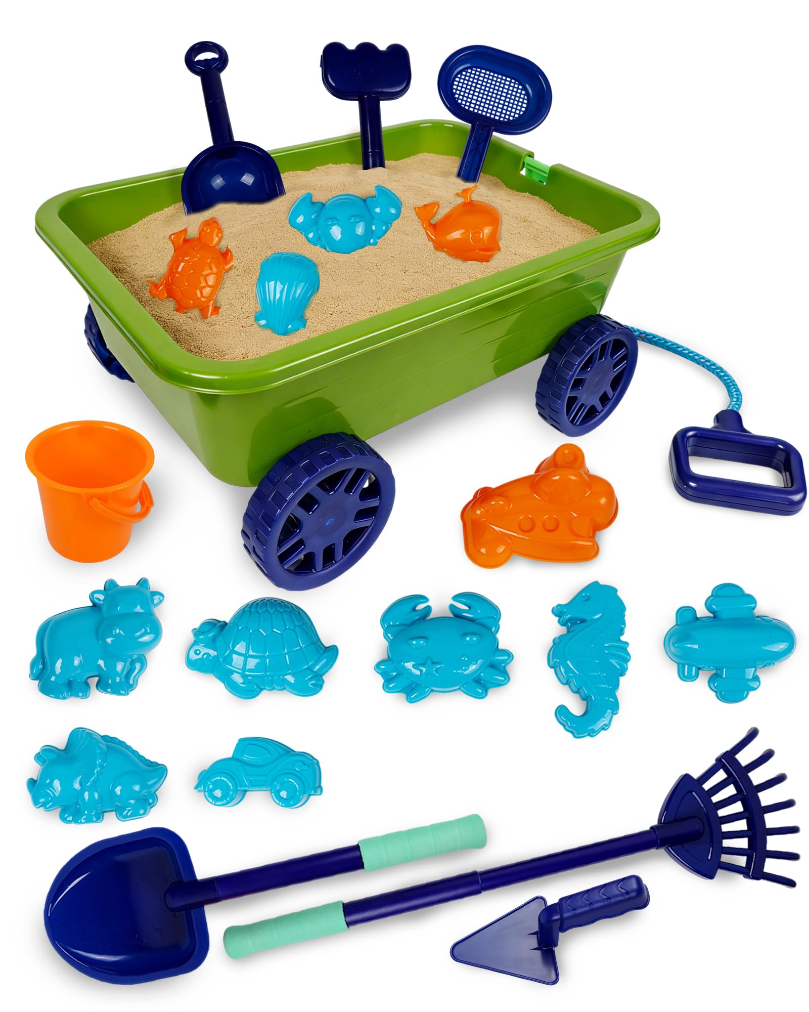 21-Piece Kids Sand Toy Set with Pull-Along Toy Wagon, Bucket and Spade Set, Rake, 12 Sand Moulds & Storage Bag, Sandpit Beach Toys for Kids Ages 3–8, Garden Outdoor Play