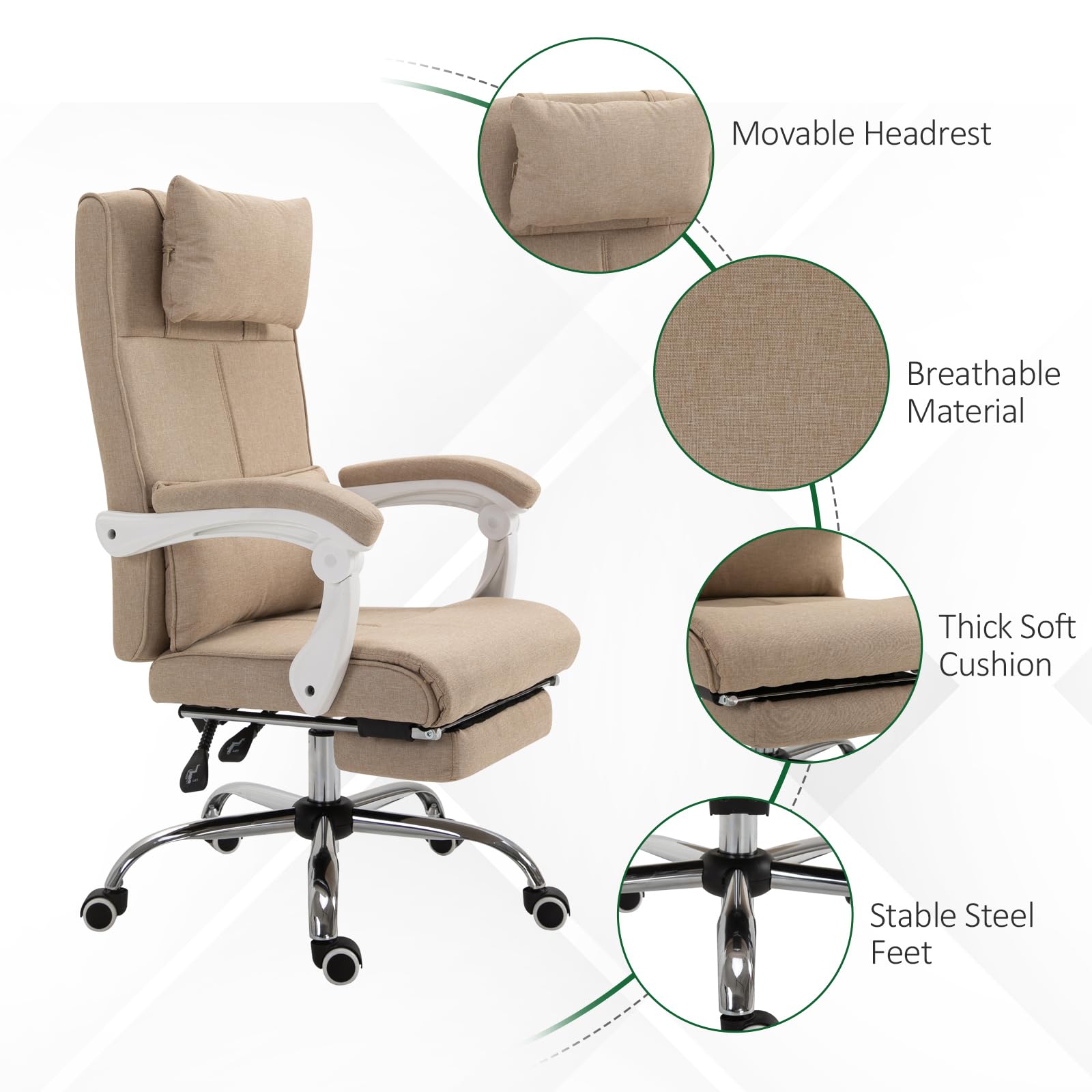 HOMCOM Silla de Oficina, Silla de Oficina, ergonómica con reposapiés retráctil, Respaldo reclinable, tetina y Soporte Lumbar, Regulable en Altura, Tela Beige