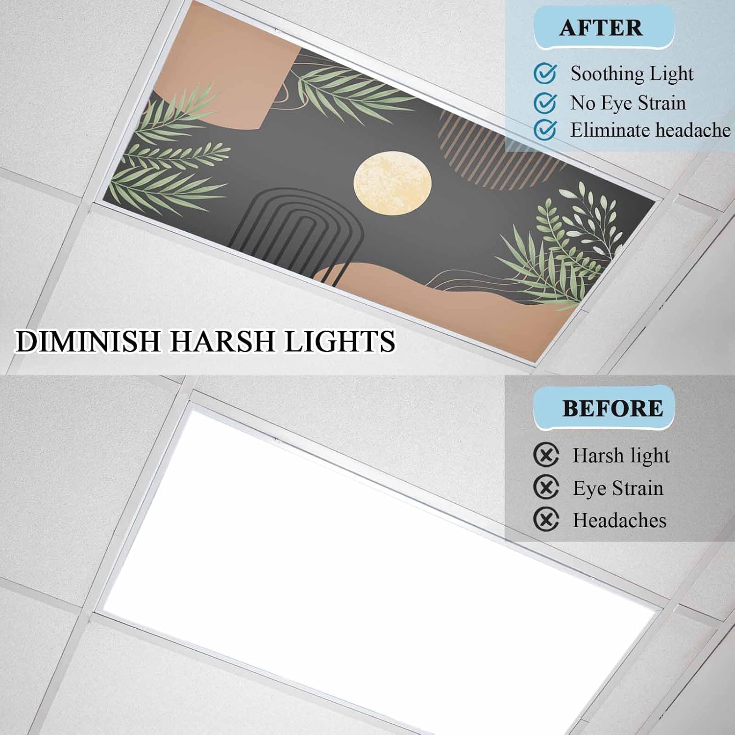 2x4 ft Fluorescent Light Cover for Ceiling Boho Leaf Arch Moon Magnetic Light Filters, Mid Century Vintage Brown Ceiling Lampshades for Home School Office 3Pcs