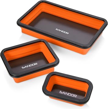 Collapsible Magnetic Parts Tray Set - 3 Different Size Tool Trays - Orange