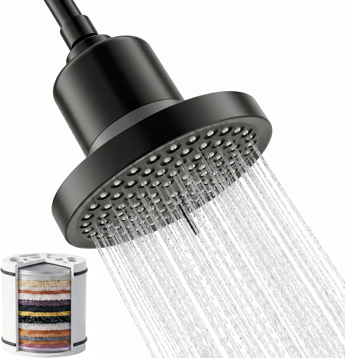 360 Degree Rotated Black Shower Head ＆ Filter COMBO ! Anti - Chlorine Hard Water Filtered Shower Heads 6 Inch- 7 Sprays High Pressure Showerheads with 25 Stage Filtration for Adult and Baby