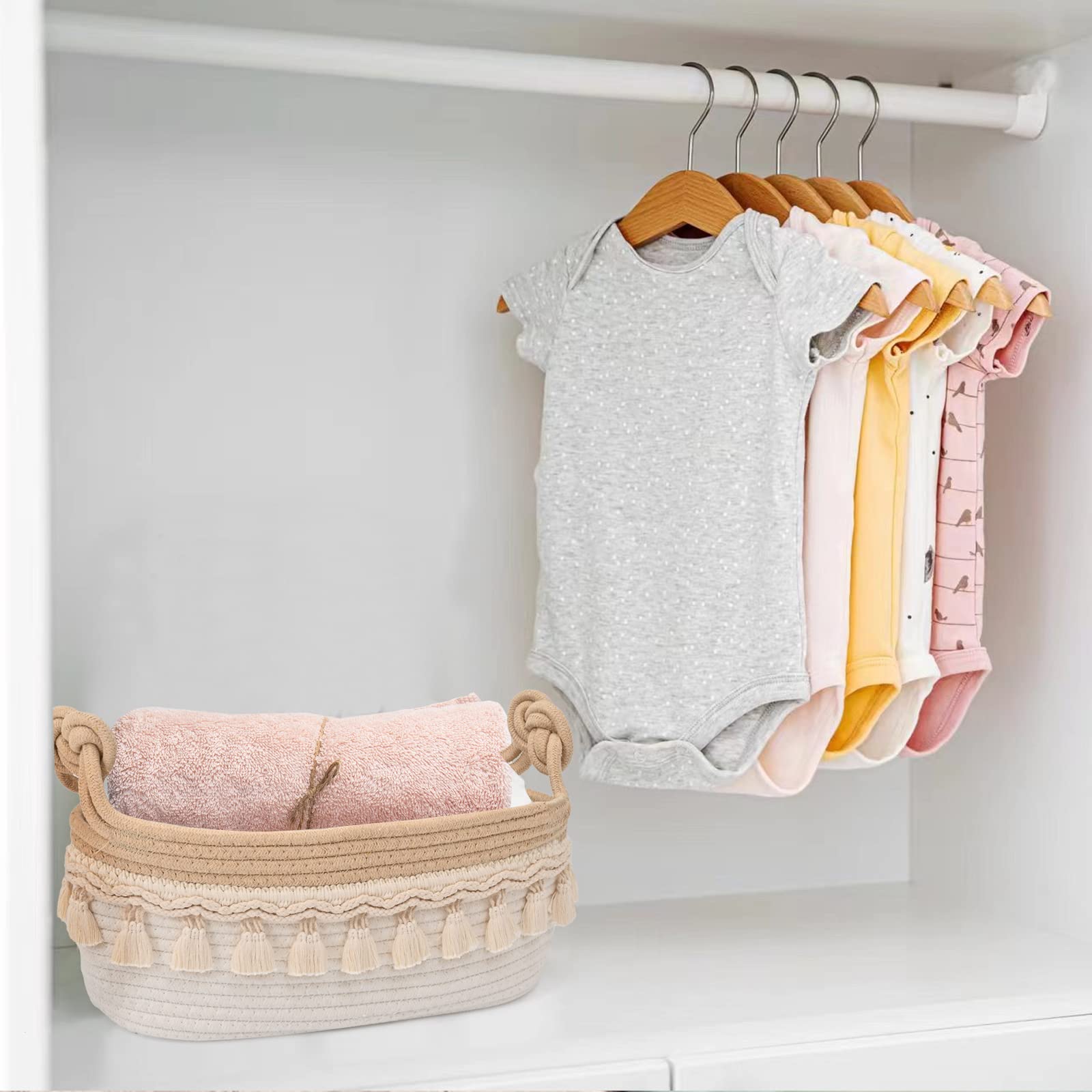 Kleine gewebte Körbe zur Aufbewahrung, 35,6 x 14 x 15,2 cm, Toilettenpapier-Aufbewahrungskörbe zum Organisieren mit Knoten, Griffen, dekorativer leerer Geschenkkorb für Boho-Badezimmer, Dekoration