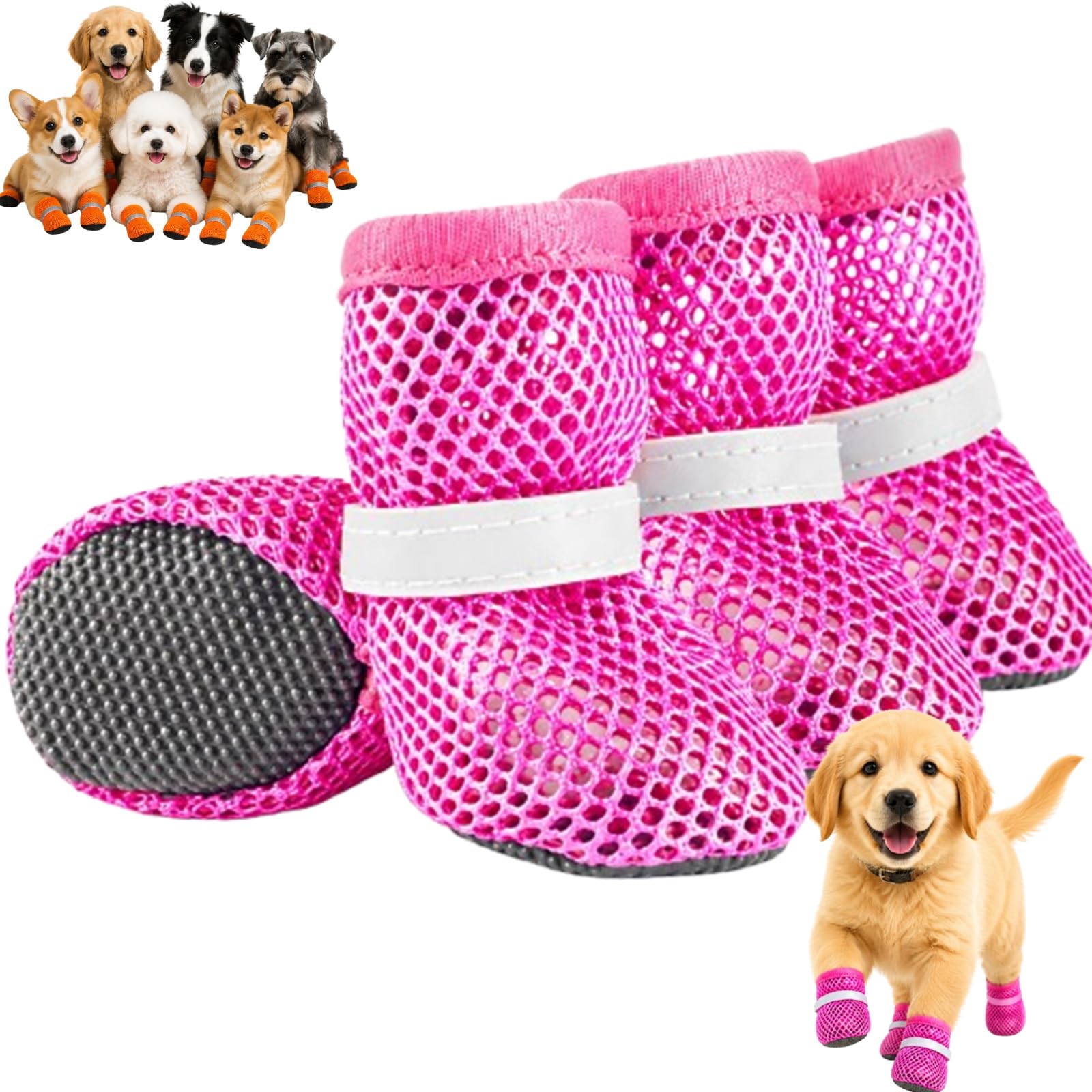 Summer Mesh Dog Shoes, Light Dog Boots, Breathable Mesh Upper, Anti Slip Sole, Reflective Straps, Paw Protection Fit，Rose red：M