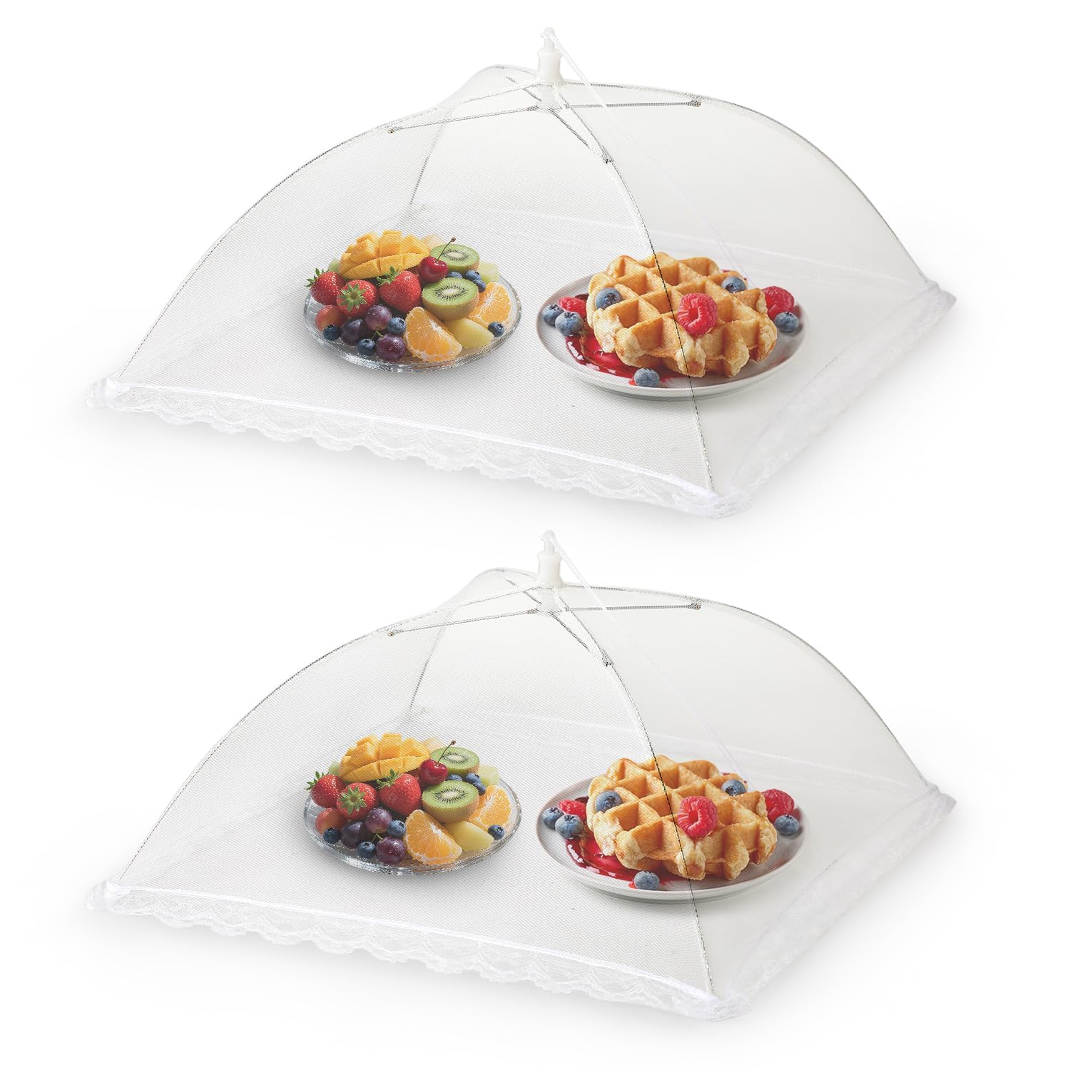 食卓カバー 2個セット フードカバー 32x32cm 折り畳み式 蝿帳 洗える メッシュ キッチンパラソル 虫よけ 埃よけ レース付き 丈夫な鋼線 離乳食  キャンプ アウトドア コンパクト ホワイト