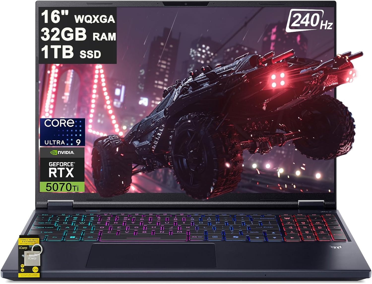 acer Predator Helios Neo 16 AI Gaming Laptop 16" 2560x1600 IPS 240Hz (100% DCI-P3 500nits) Intel 24-core Ultra 9 275HX 32GB RAM 1TB SSD GeForce RTX 5070 Ti (Up to 992 AI Tops) Win11 ICP Hub