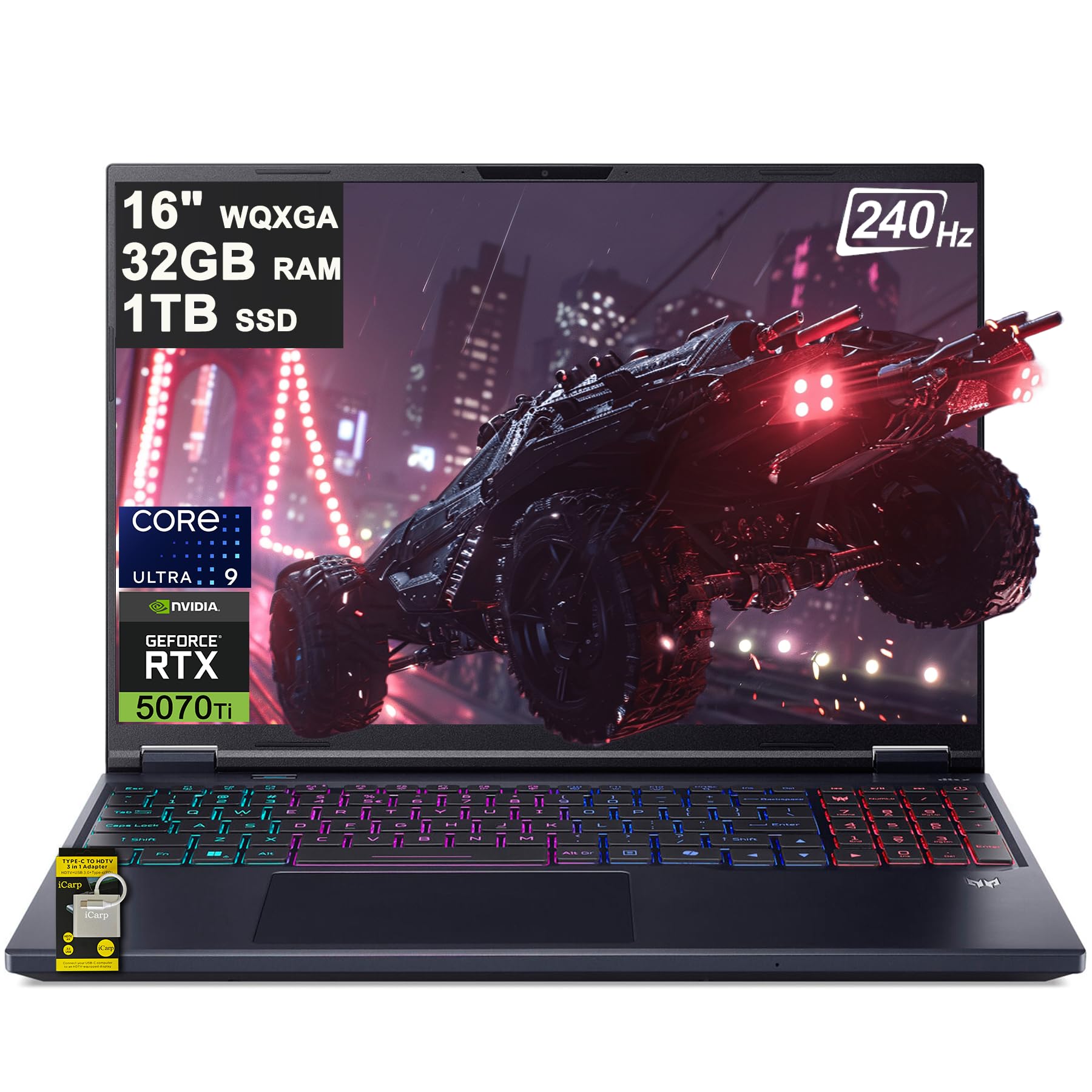 Predator Helios Neo 16 AI Gaming Laptop 16" 2560x1600 IPS 240Hz (100% DCI-P3 500nits) Intel 24-core Ultra 9 275HX 32GB RAM 1TB SSD GeForce RTX 5070 Ti (Up to 992 AI Tops) Win11 ICP Hub w/Copilot