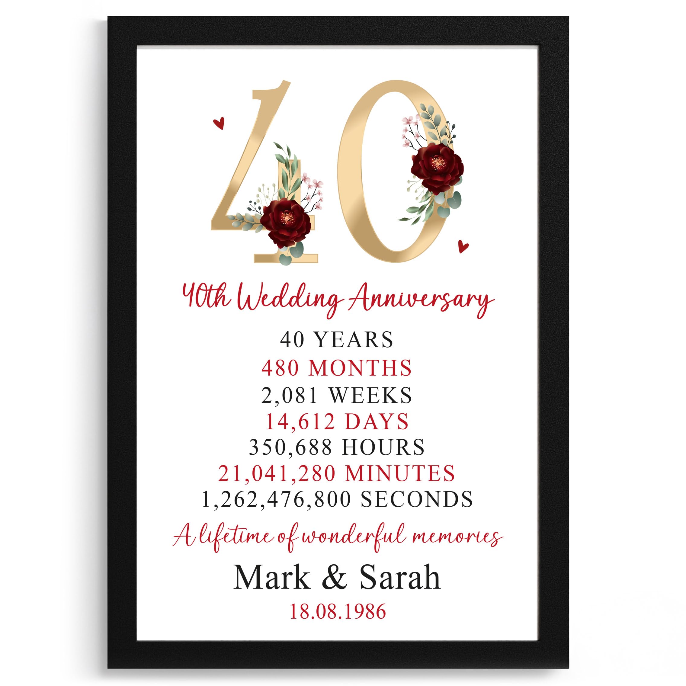 Beecreative 40th Wedding Anniversary Keepsake - A5 or A4 Print with Wooden Frame - Personalised Ruby Anniversary Present For Parents