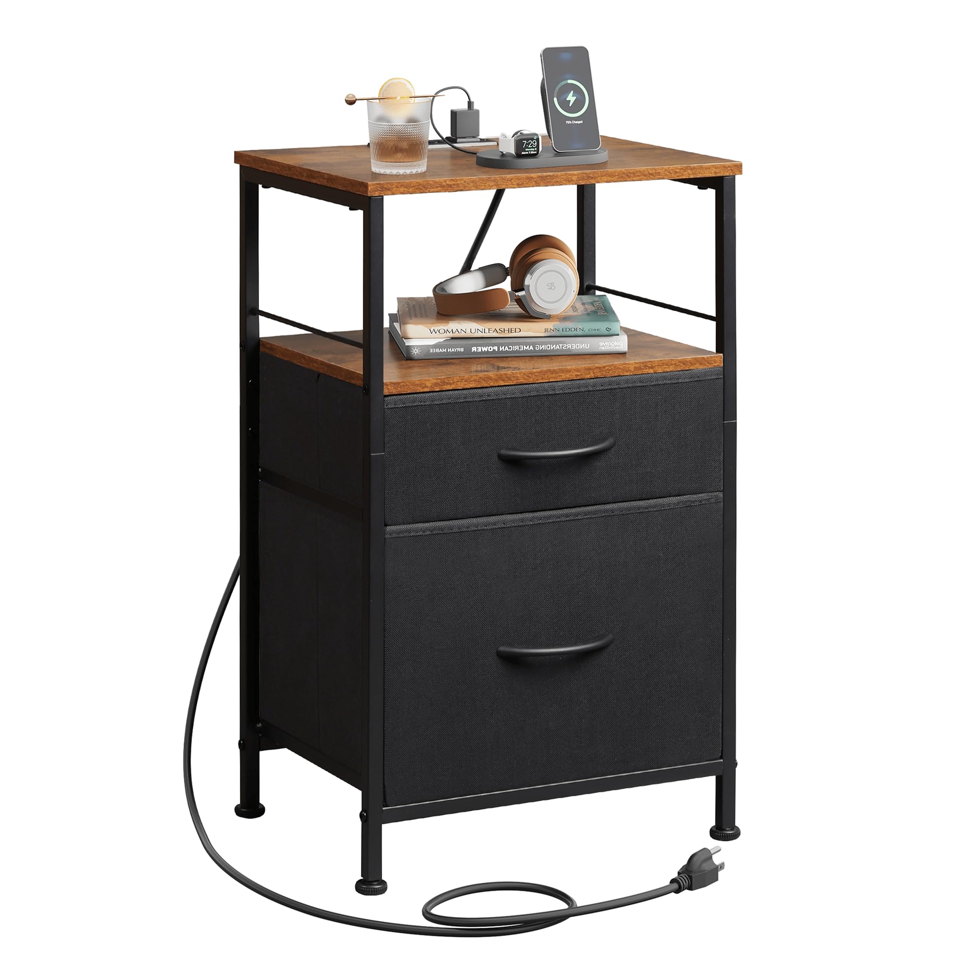 WLIVE Nightstand with Charging Station, Night Stand with 2 Fabric Drawers, Bedside Table, Small Dresser for Bedroom, Side Table with USB Ports and Outlets, Black and Rustic Brown