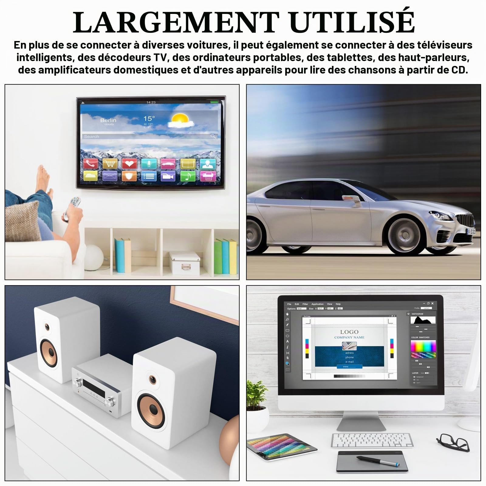 Lecteur CD universel pour voiture avec port USB/AUX, lecteur CD externe avec télécommande, compatible avec radio de voiture, lecteur CD pour véhicules, ordinateur portable, PC, téléviseur, blanc