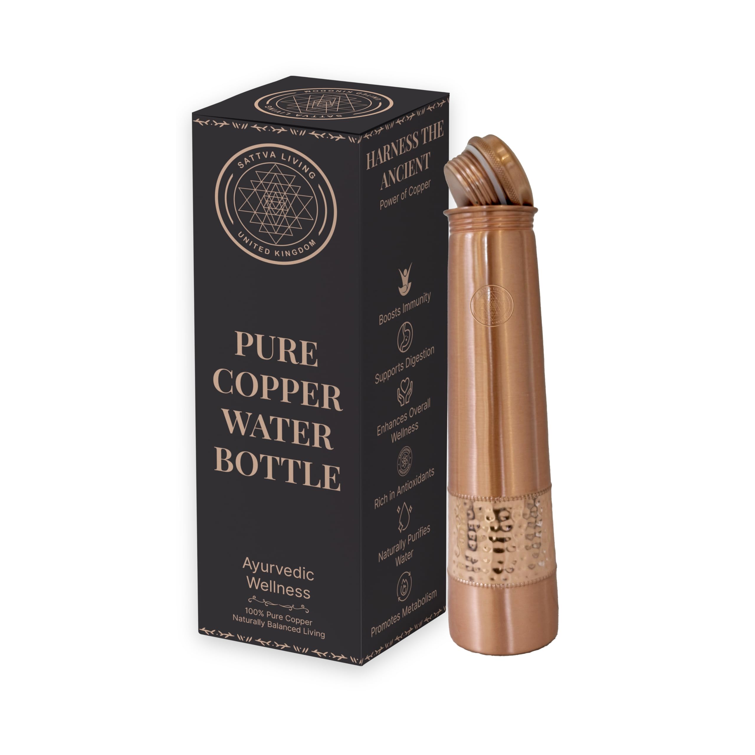 Sattva Living Pure Copper Water Bottle | 100% Genuine Copper | Always in Style - Hammered Finish | Leak-Proof Screw Cap | Ayurvedic Wellness | 1 Litre