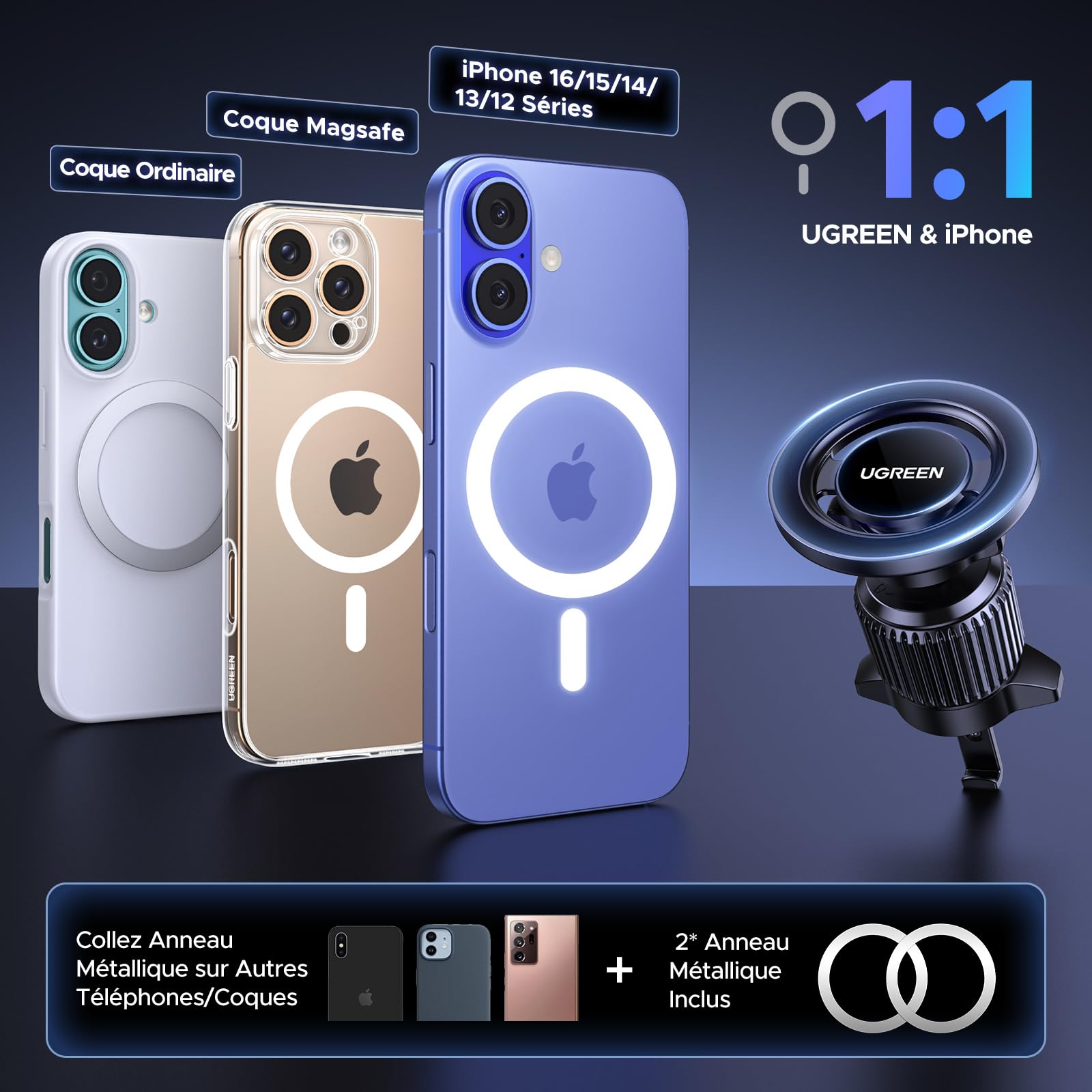 UGREEN Support Téléphone Voiture Magnétique pour MagSafe Porte Smartphone Voiture Rotatif à 360°avec Crochet Magnétique en Métal Compatible avec iPhone 17 Pro Max 16 15 Galaxy S25 S24, Noir