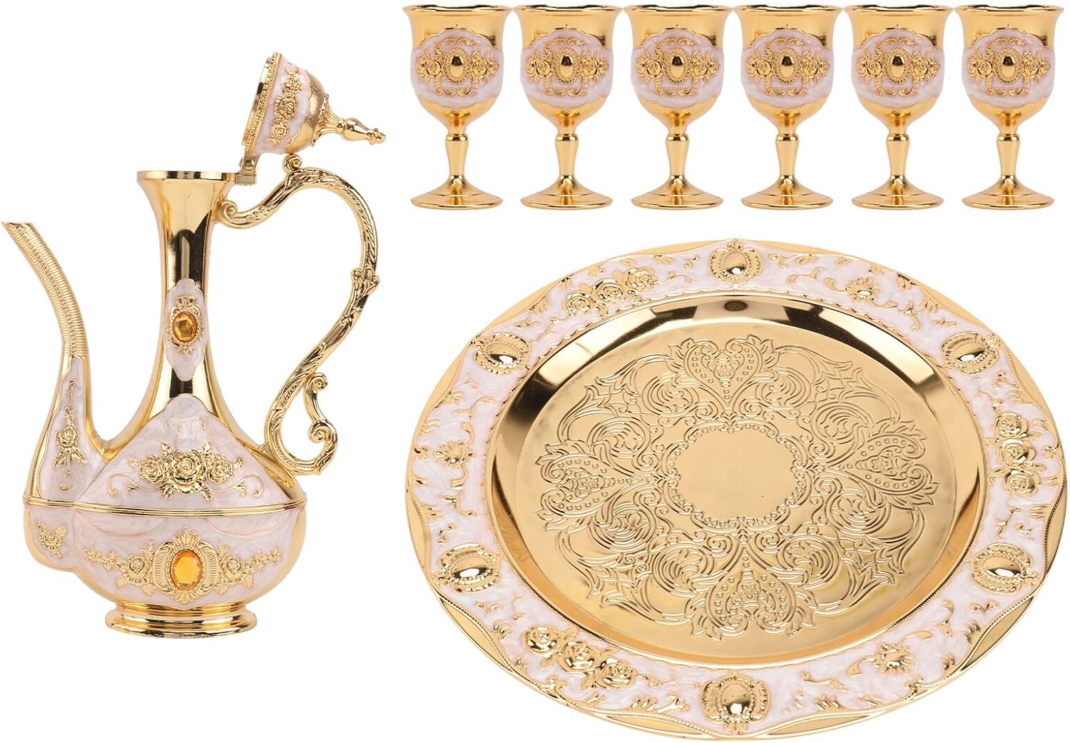 Small Decorative Wine Decanter Set Smooth Delicate Golden Metal Wine Cups Reinforced Tray for Wedding Presents and Bridal Shower Decor