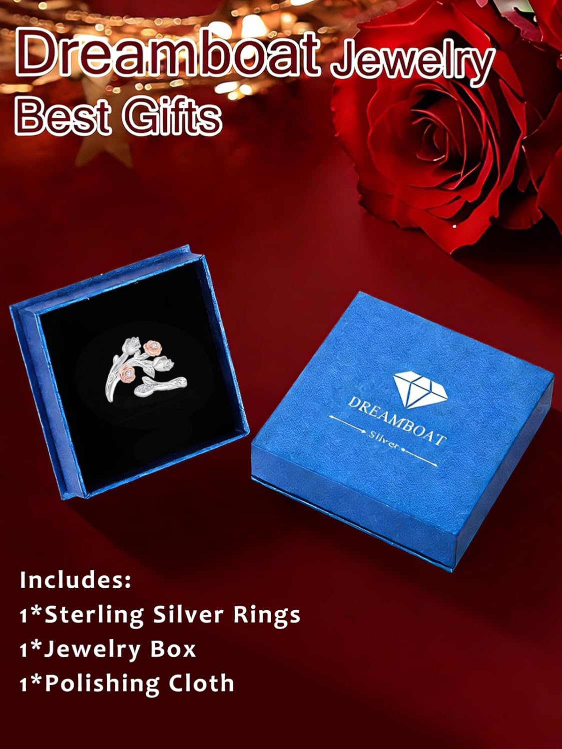 Dreamboat Rose Rings for Women Pink Flower Rings Adjustable Sterling Silver Engagement Valentines Day Gifts for Her Jewelry