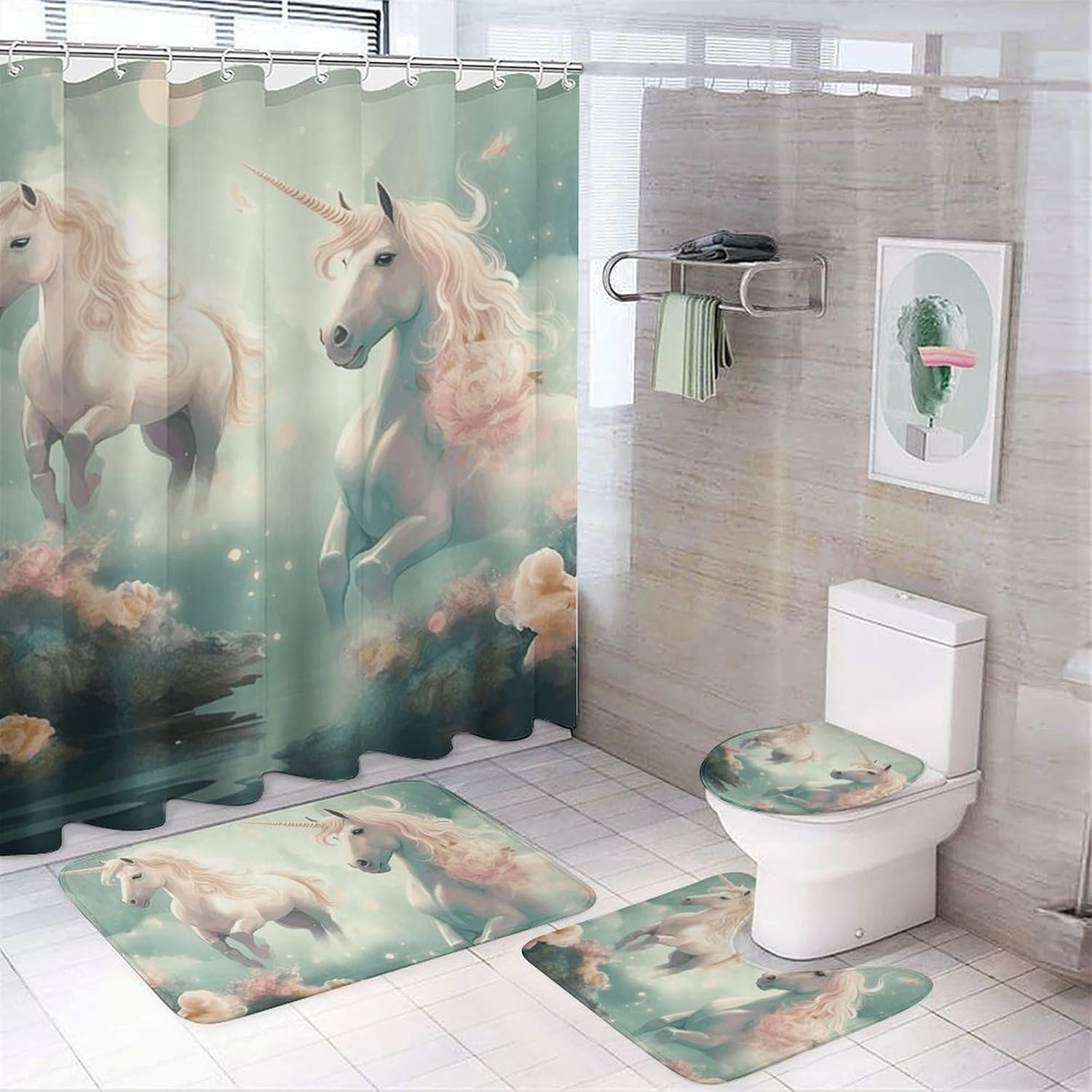 Two Horses are Flying Shower Curtain Set 4 Piece, Non-Slip Bath Mat with Toilet Lid Cover and Waterproof Shower Curtain with 12 Hooks, Complete Bathroom Set for Home Decor