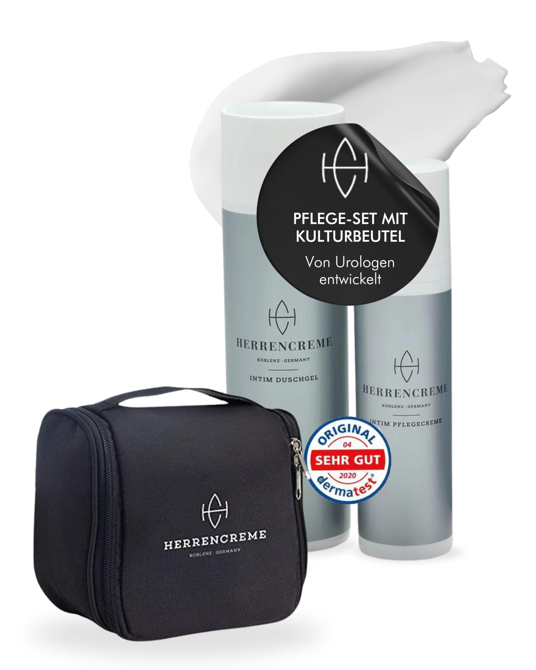 HERRENCREME Intim Pflege Geschenkset für Männer I Set mit Intim Duschgel 200 ml, Pflegecreme 75 ml & Kulturbeutel I Herren Intimpflege vom Urologen entwickelt I vegan & dermatologisch getestet