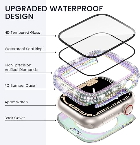 Miniatura 3 de Tensea - Funda protectora de pantalla impermeable para Apple Watch Series 9, 8, 7, de 1.614 in, accesorios para iWatch con diamante duro delantero y