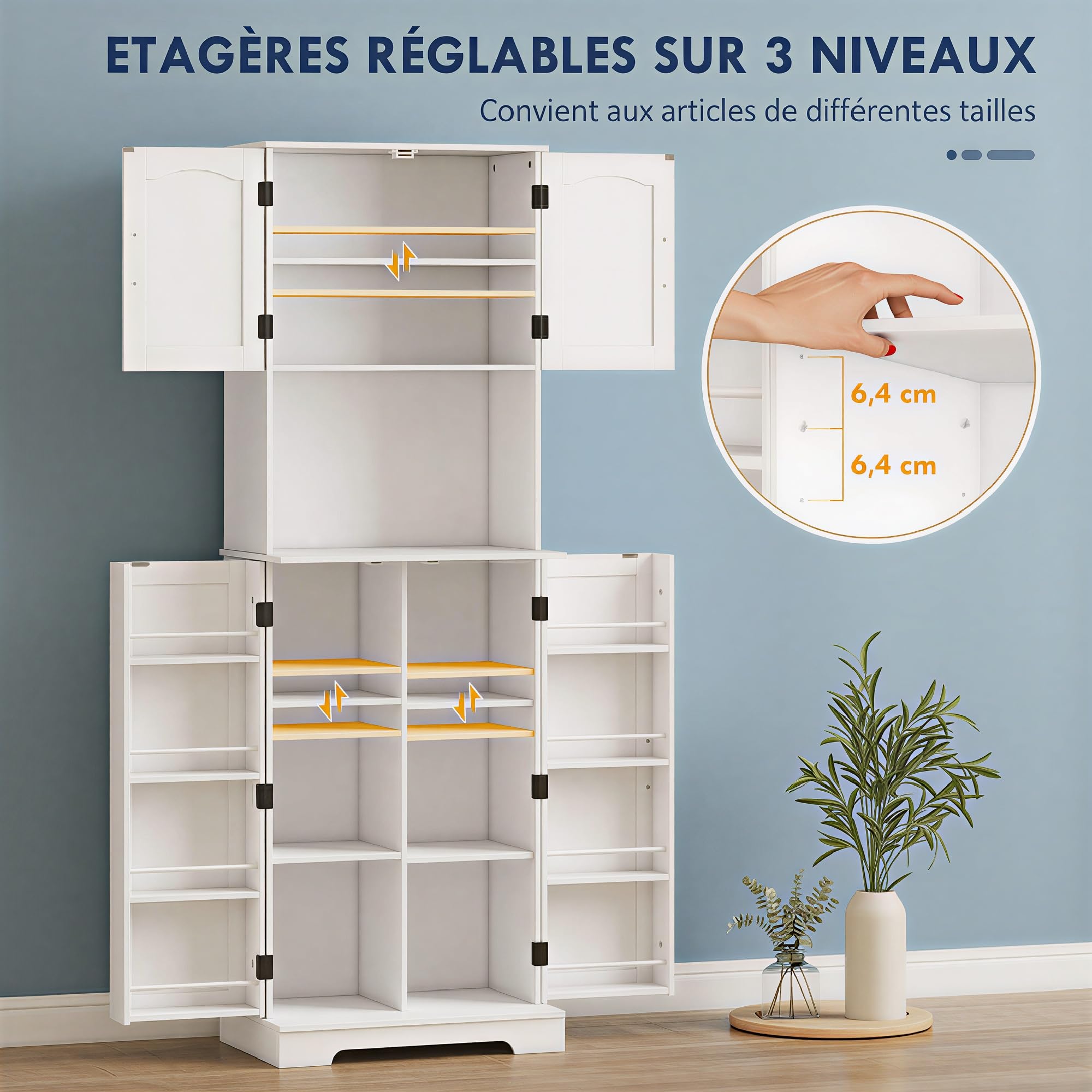 HOMCOM Credenza da cucina con 4 ante e 8 porta spezie e ripiani regolabili per soggiorno, sala da pranzo, piano di lavoro, 60 x 40 x 181,5 cm, bianco