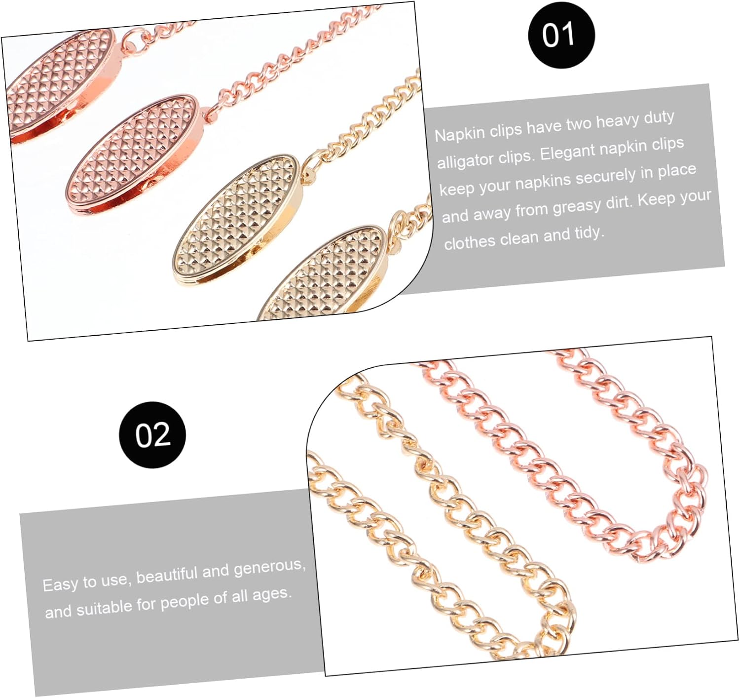 VICASKY 2pcs Napkin Clips for Adults Towel Apron Bib Holder Rose Gold Gold Lightweight and Durable Napkin Chains for Dining Parties and Dental Use