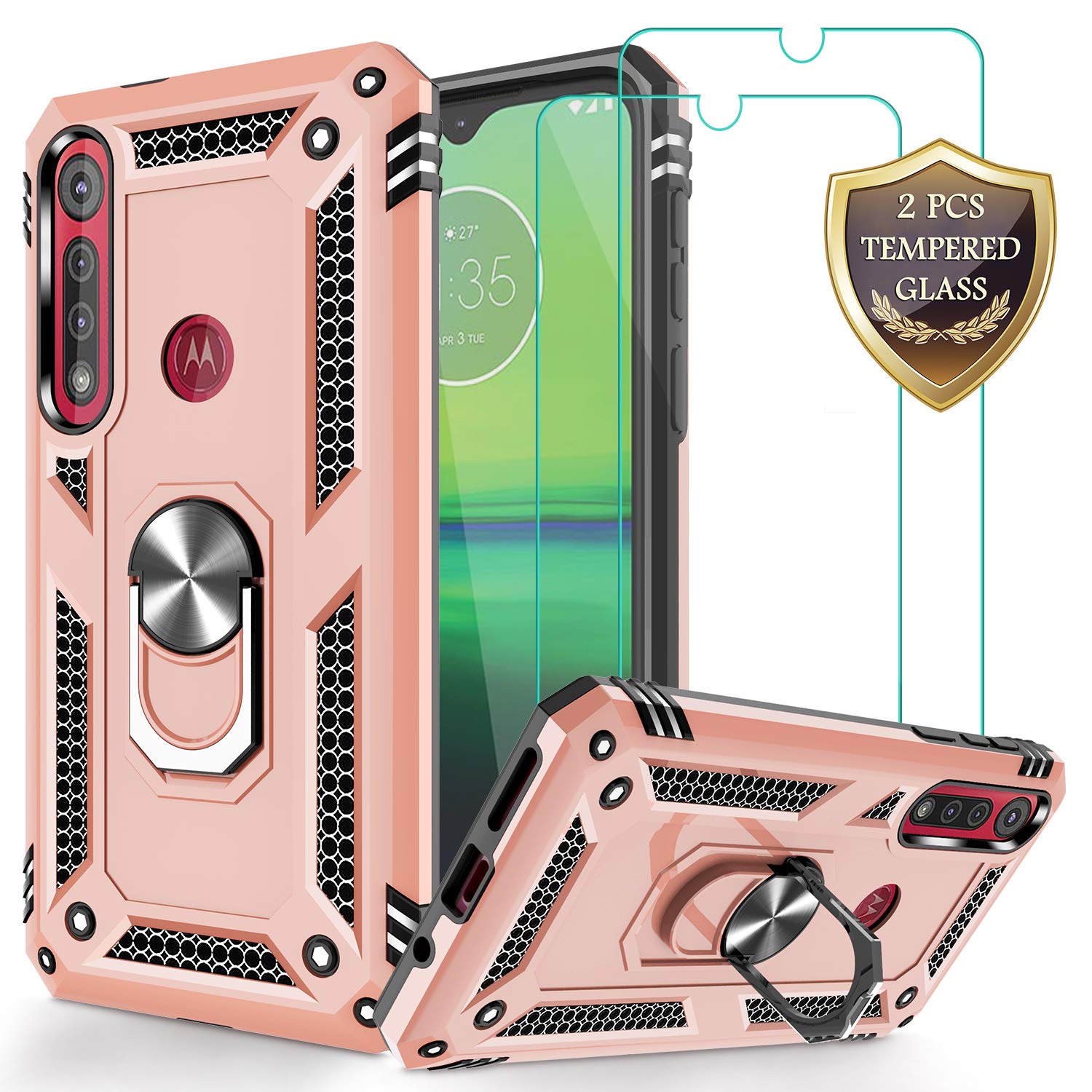 Maximum Discount Moto G8 Play Case, Moto One Marco/Moto G8 Plus Case with 2PCS Tempered Glass Screen Protector, Jshru Case for Moto One Macro/G8 Play/Plus, Rose Gold