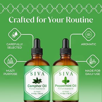 Siva Camphor and Peppermint Essential Oil 4oz Bundle Super Saver Combo Value Set for Aroma, Skincare and Haircare