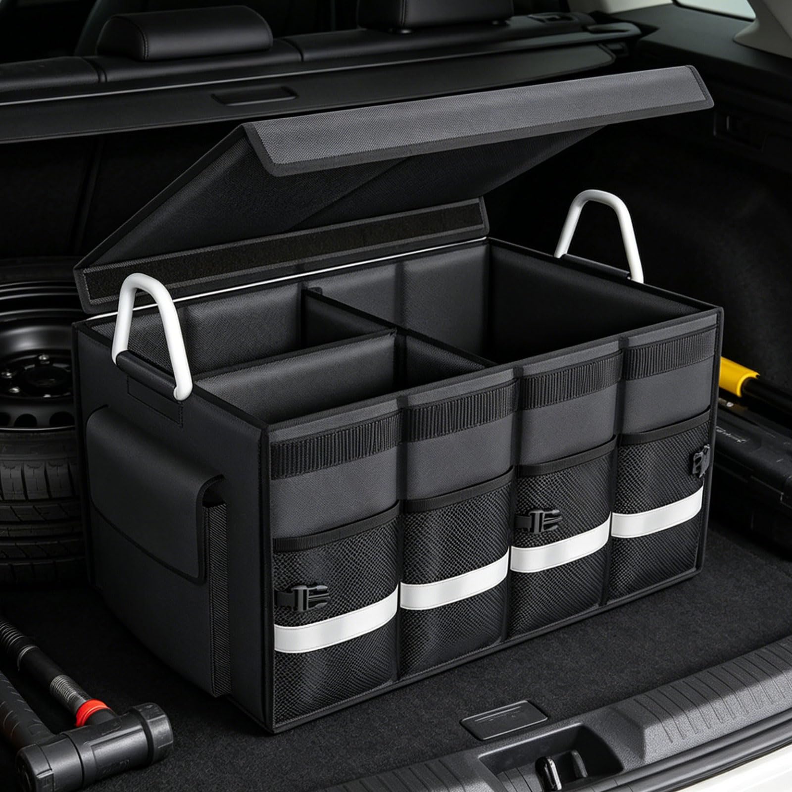 Oxford Stoff Kofferraum Organizer, verschleißfestes Design, zusammenklappbare Auto Aufbewahrungsbox für Familienreisen und tägliche Pendler Aufbewahrungslösungen, Faltbox mit großer Kapazität