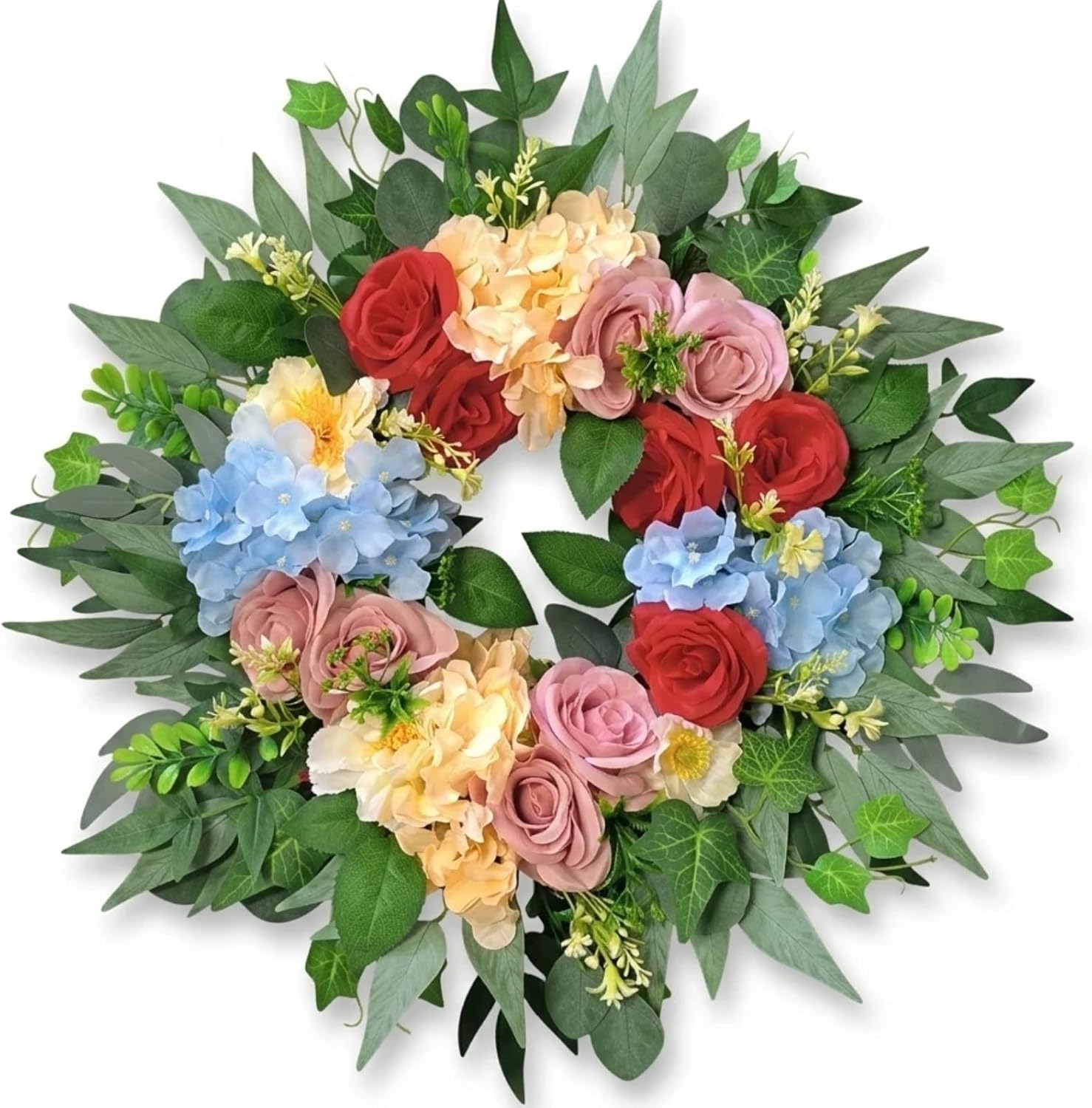 26" Artificial Spring Wreath for Front Door - Large Silk Hydrangea Daisy Rose Mixed Floral Wreath - Farmhouse Porch Wall Decor, Easter Mother's Day Decoration (Multicolor)