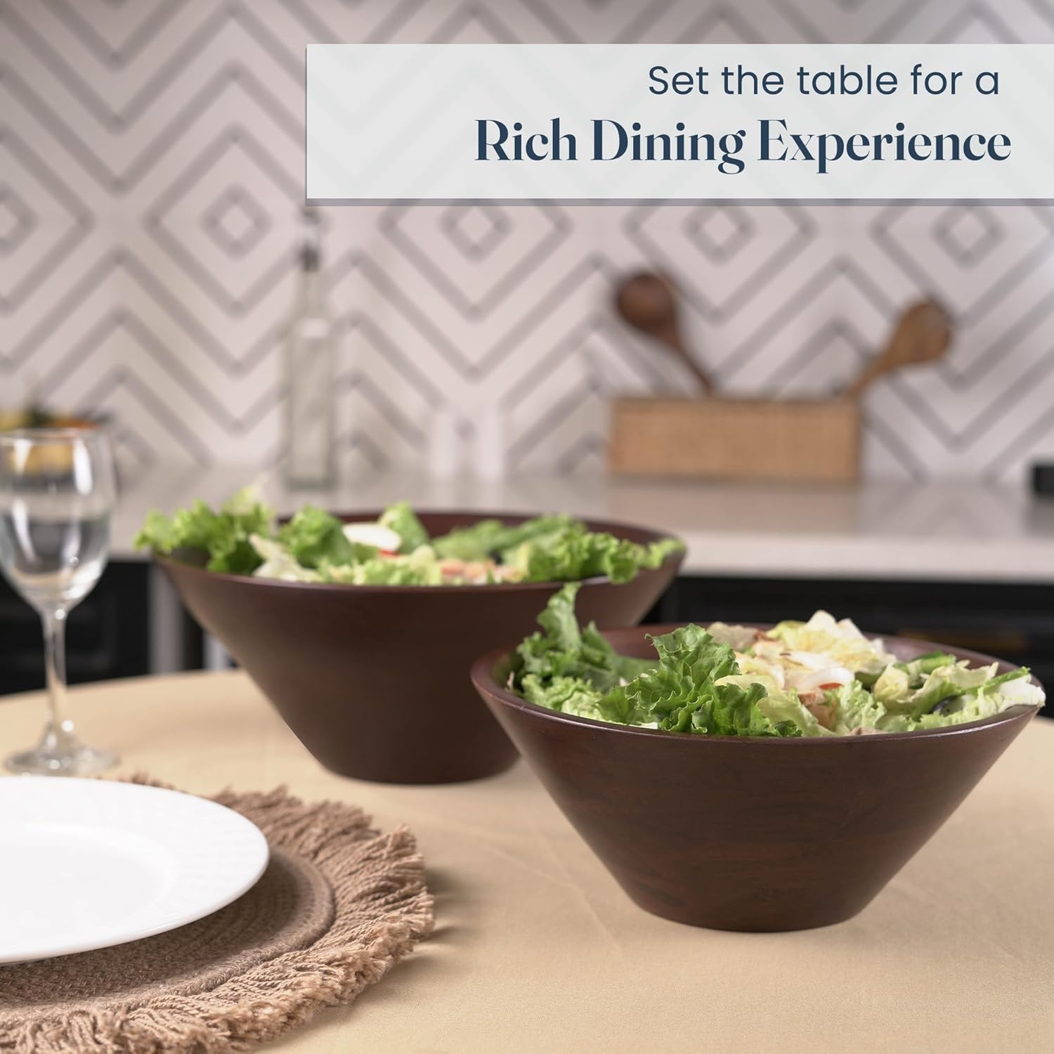 The Fine Living Co. Wooden Bowls Set with Wooden Spoons, Acacia Wood Soup Bowls with Servers, Food-safe Decorative Bowls for Home & Party, Cute Bowls for Dips, Sauce, Ice-cream, Set of 2