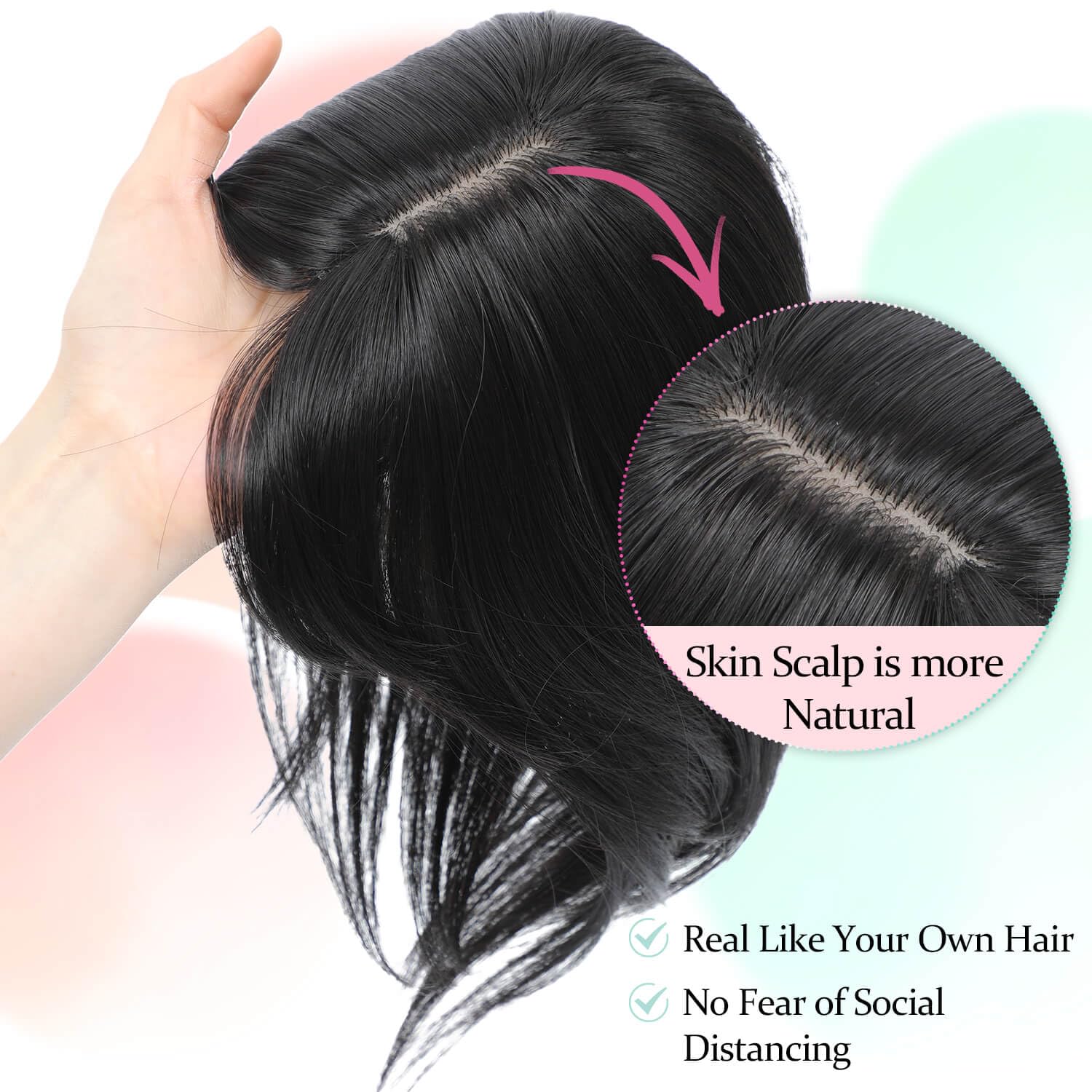Peonymebeauty 3D Cover Bangs Hair Toppers for Thinning Hair 4"X5" Base Topper with Fringe Heat Resistant Synthetic 12 Inch Natural Straight Short Bob Hairpieces for Women Daily Wear(Natural Black) - Image 3