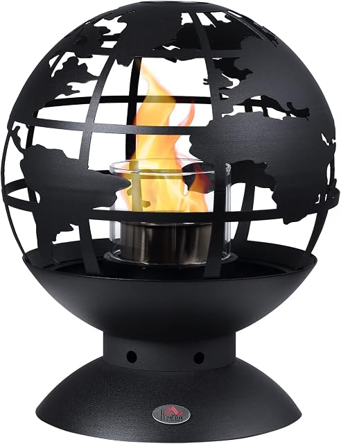 HOMCOM Globe Shape Tabletop Fireplace, Portable Metal Bioethanol Fireplace with Lid and 0.4L Tank, 1.5 Hour Burning Time for Liquid Alcohol, Black