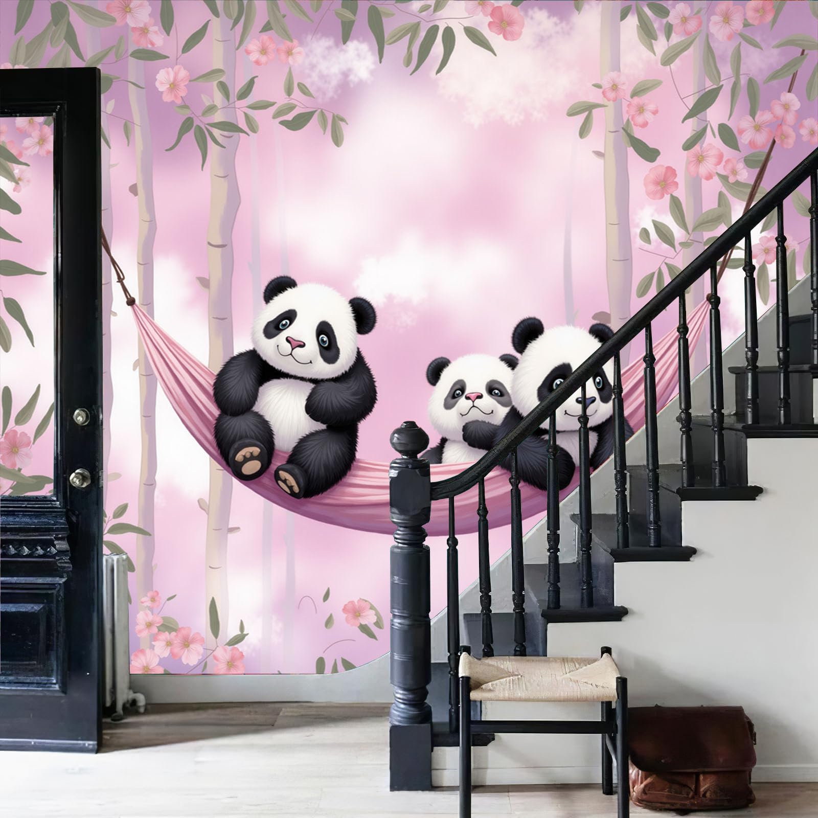 Carta da Parati no Adesiva Muro Fiori e nuvole Carta da Parati Camera da Letto Panda animale per Home DIY Decoration Wall no Adesiva rosa Muro 350x256cm