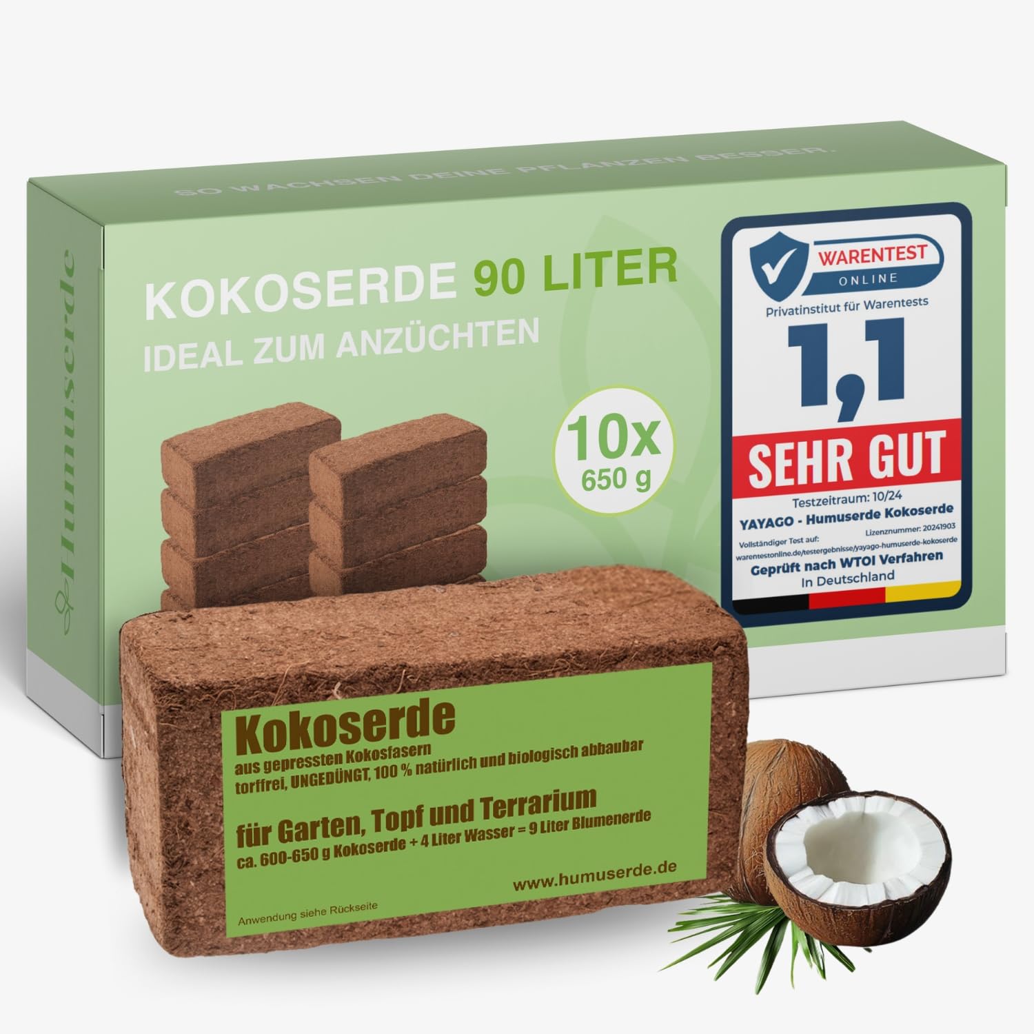 Ladrillo de humus 10 x tierra de coco 90 litros de tierra prensada de fibras de coco sin turba sin fertilizar 100% natural y biodegradable para jardín maceta y terrario 10 x aprox. 650 g