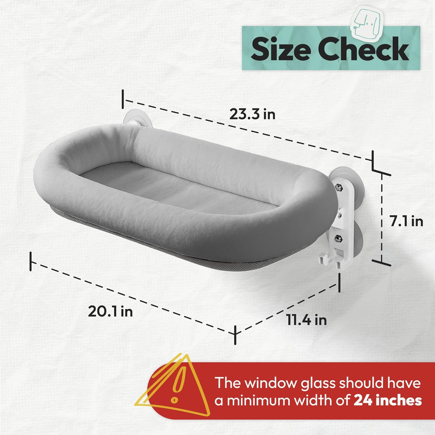 Cordless Cat Window Perch, Foldable Cat Window Hammock, 4 Strong Suction Cups, Solid Metal Frame, Patented Hook Design, Cushion Grey, L