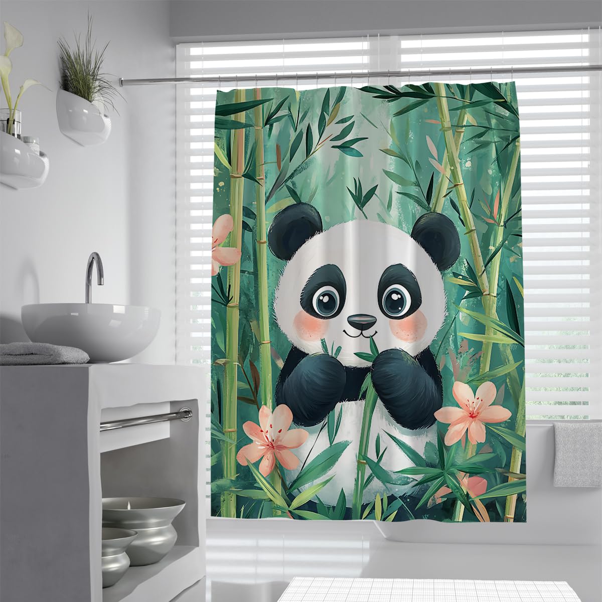 Uiringart Shower Curtains Cute Panda Shower Curtain W100xl200cm Botanical Bamboo Forest Pattern Anti-Mould Waterproof Polyester Fabric Bathroom Decor Bath Curtains For Bathtub With Hooks