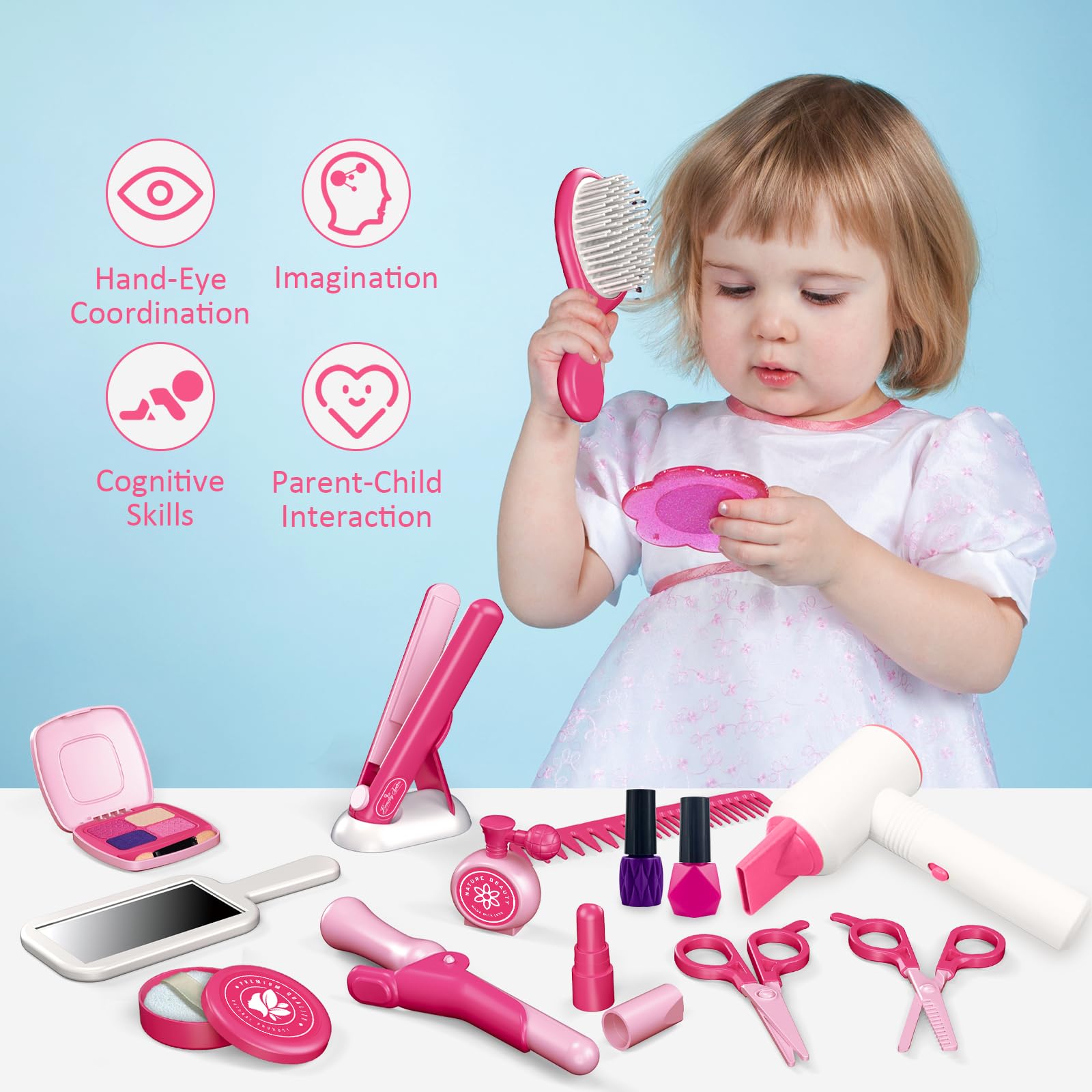 RedCrab Set Parrucchiera e Trucchi, 55 Pezzi Kit di Bellezza e Parrucchiere per Bambini con Asciugacapelli, Arricciacapelli, Valigia Trucchi e Altri Accessori, Giochi di Ruolo per Bambini 3+ Anni