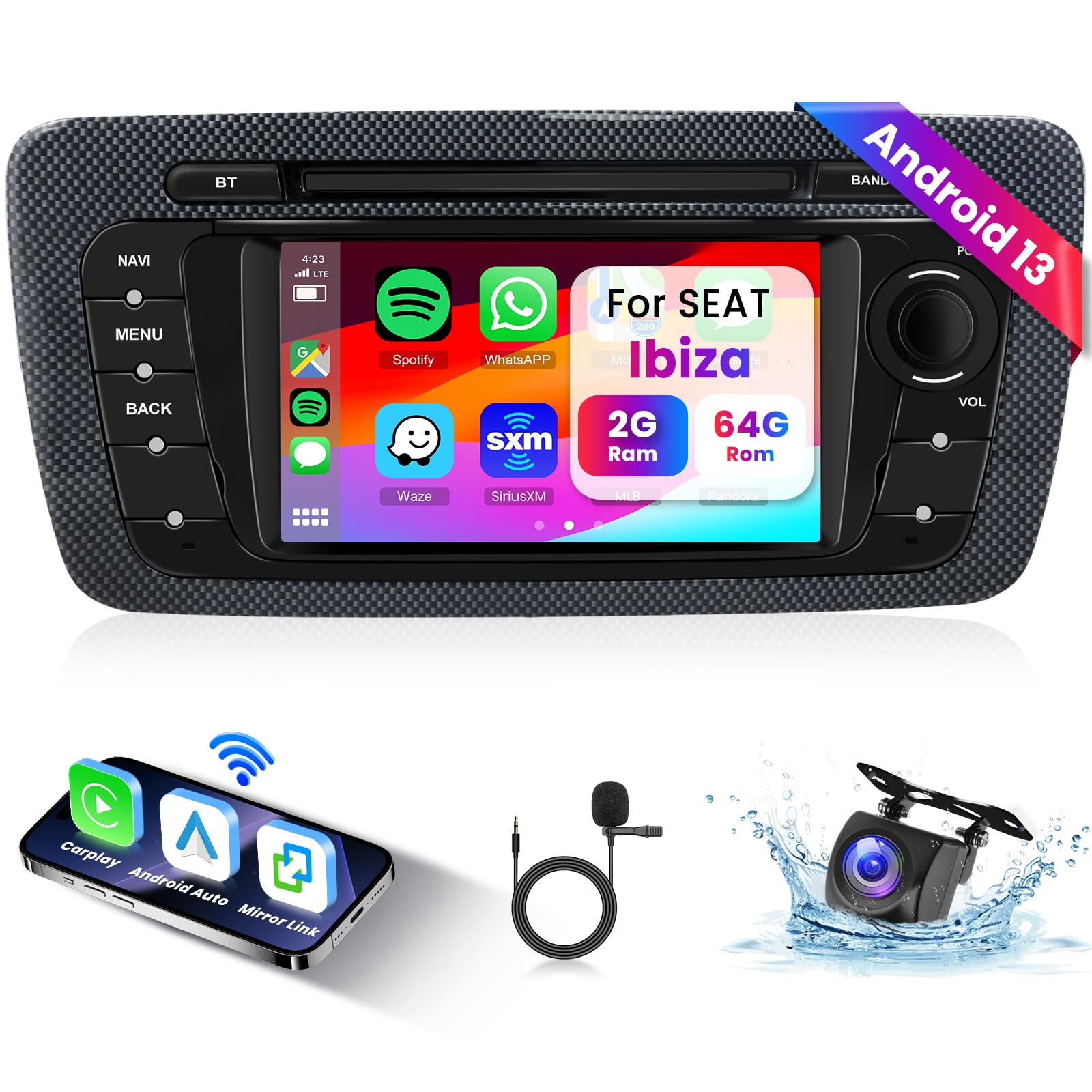 2GB+64GB Android Autoradio pour Seat Ibiza 2009-2013 avec sans Fil Carplay Android Auto, Hodozzy 6,2 Pouces Écran Tactile Android Radio 2 Din avec GPS WiFi Bluetooth DSP FM/RDS Radio avec Caméra