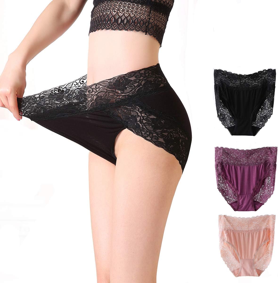 Womens Lace Panties Sexy Lingerie Hipster Underwear Waist Briefs 3 Pack