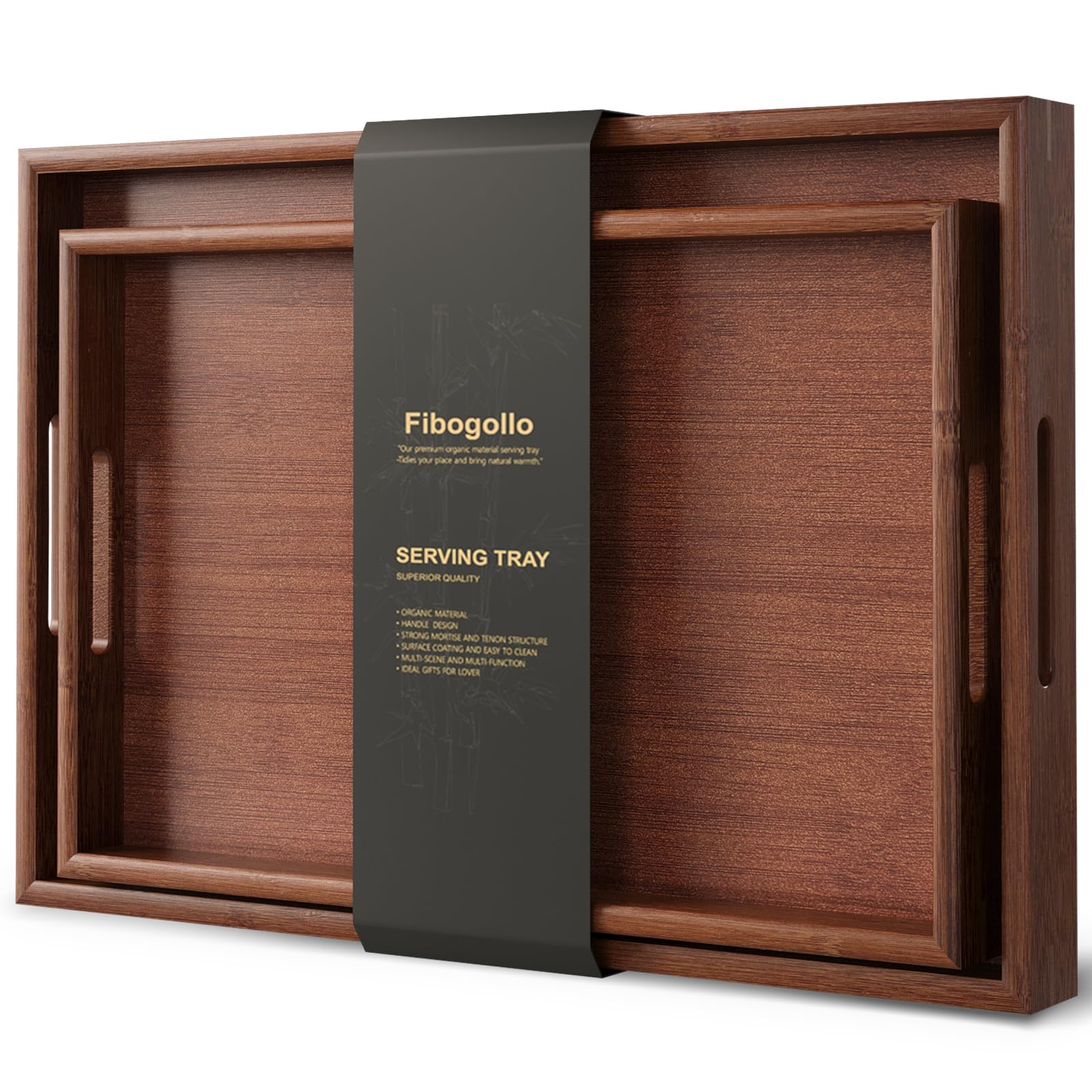 Fibogollo Brown Serving Tray With Handles,Bamboo Decorative Trays Platter（Brown）