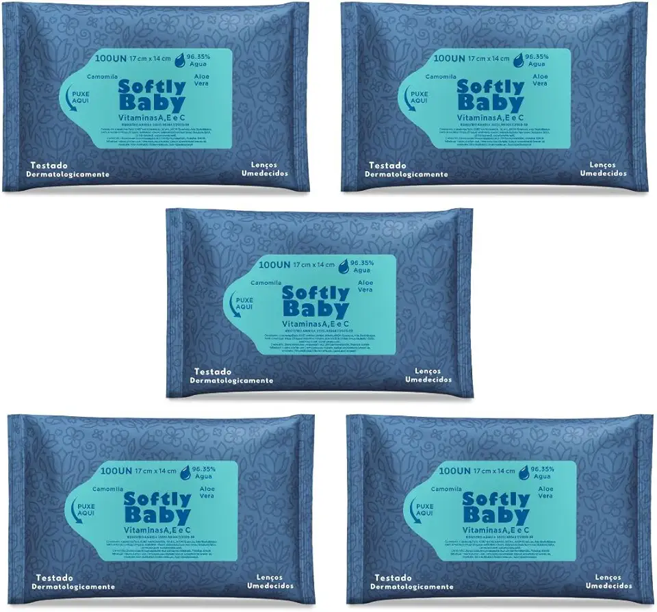 500Un Lenço Umedecido Baby Softly - Com Vitaminas A e C, Aloe Vera e Camomila - Suave e Hipoalergênico para Bebês (5 Pacotes)