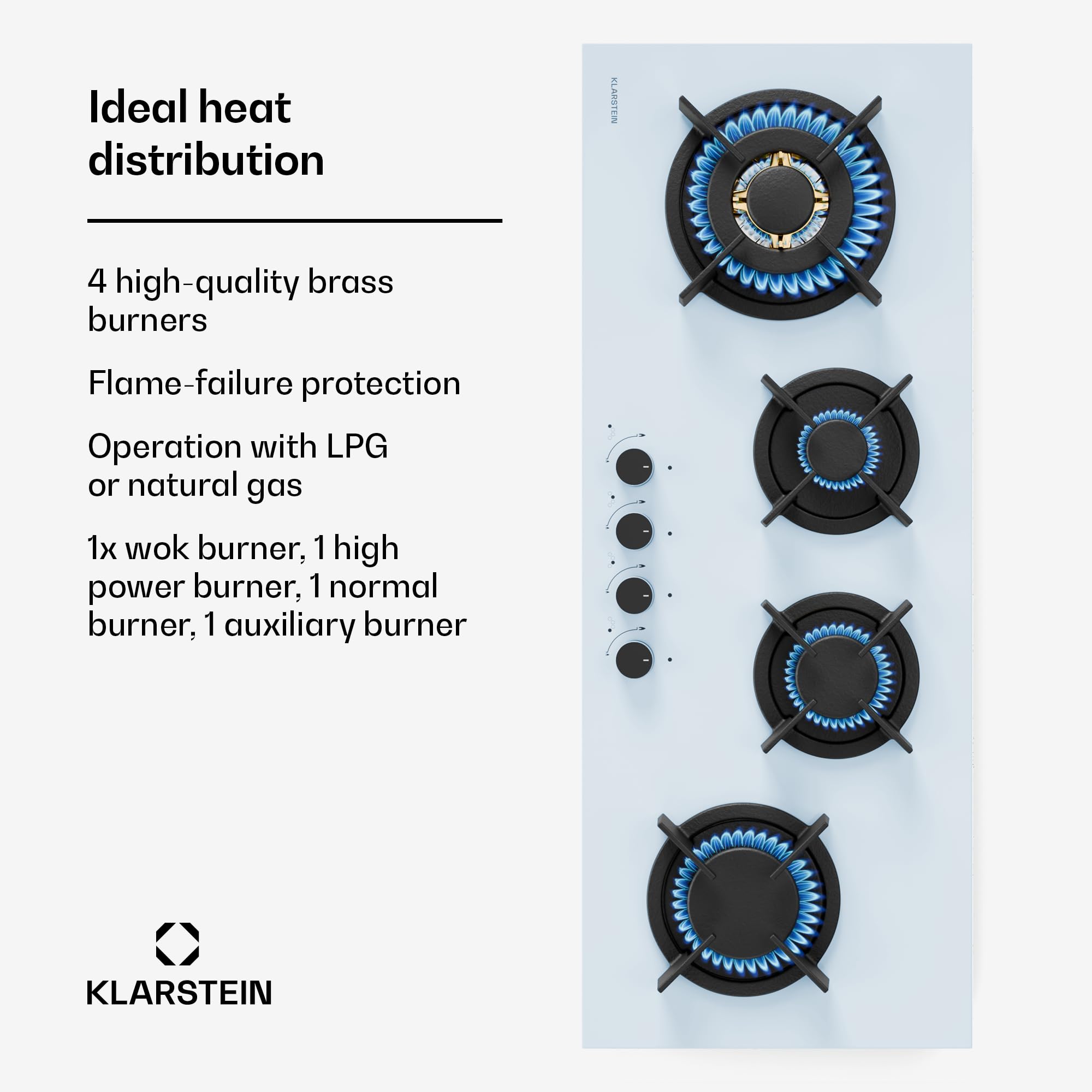 Klarstein Goldflame 4 Slim Płyta gazowa, 4 palniki mosiężne, 3,4kW, 2,4kW, 1,8kW, 1kW, Zapłon SnapJet, Zabezpieczenie przeciwwypływowe, Gaz płynny i ziemny, Biała, W zestawie wąż i reduktor