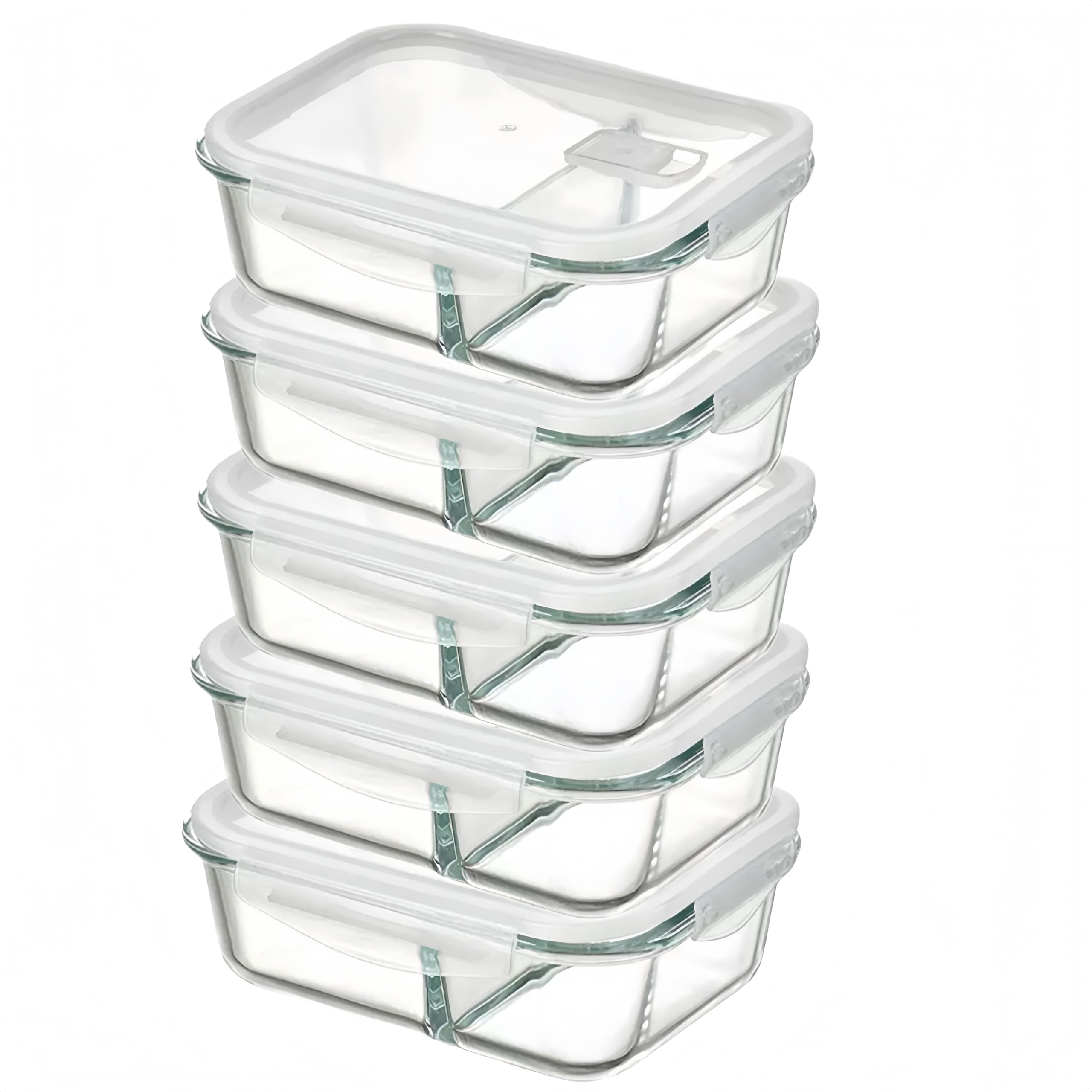 simpa Meal Prep Glass Food Storage Containers 5 Pack with Snap Lock Leakproof Lids, Reusable Microwave safe BPA-free Lunch Boxes 1020ml Glass Food Containers with 2 Portion Compartment