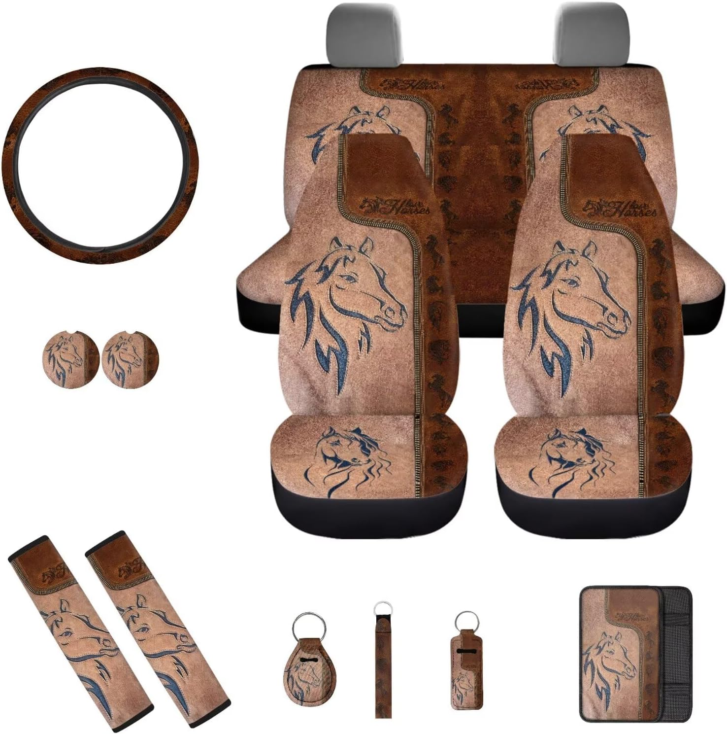 Horse Print Car Seat Covers Full Set,Universal Car Steering Wheel Cover/Armrest Cover/Seatbelt Covers/Coasters/Lip Holder/Keychains