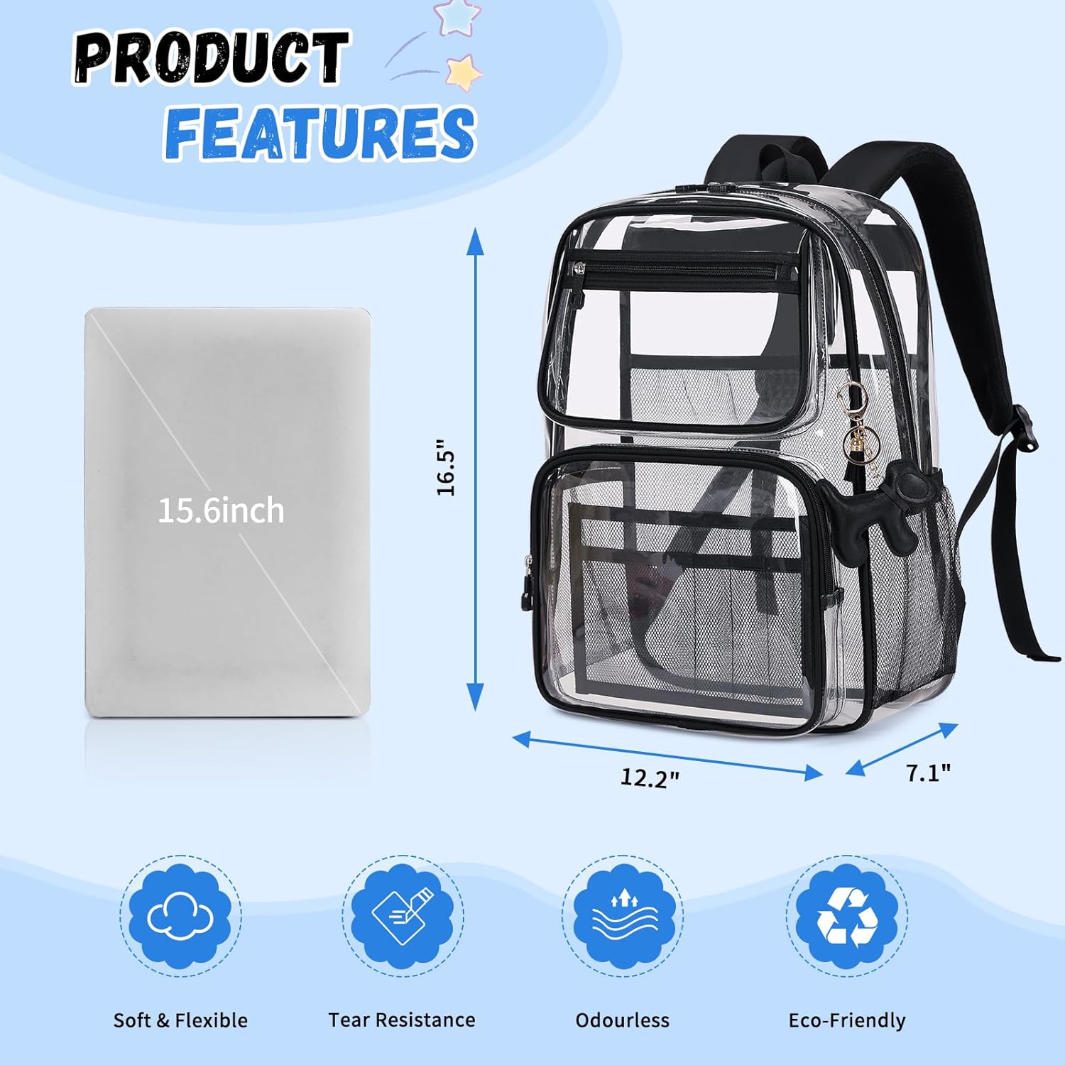 MOONBABY Clear Backpack for School Girls, Heavy Duty TPU Transparent Backpack Stadium Events Approved, Clear Bookbag - Image 3
