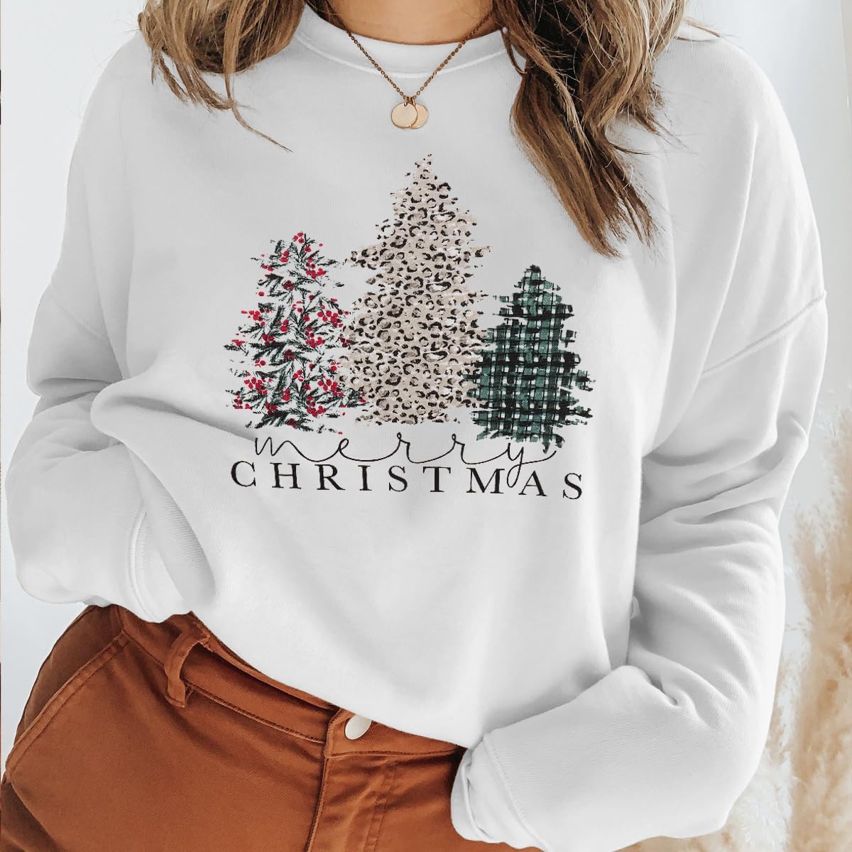 IZYJOY Merry Christmas Sweatshirt for Women Xmas Tree Graphic Long Sleeve Pullover Crewneck Oversized Lightweight Holiday Top - Image 5