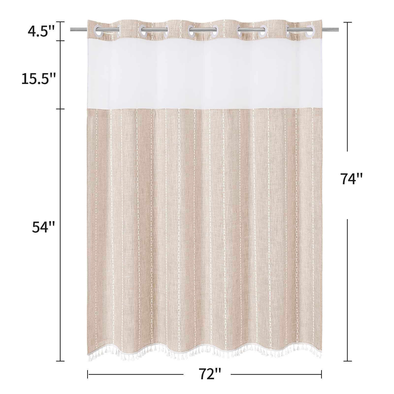 Cortina de ducha con forro a presión, no necesita ganchos, ventana e imanes, cortinas de ducha de tela de lino y algodón bohemio con borlas para decoración rústica de baño, beige/crema, 72 x 74