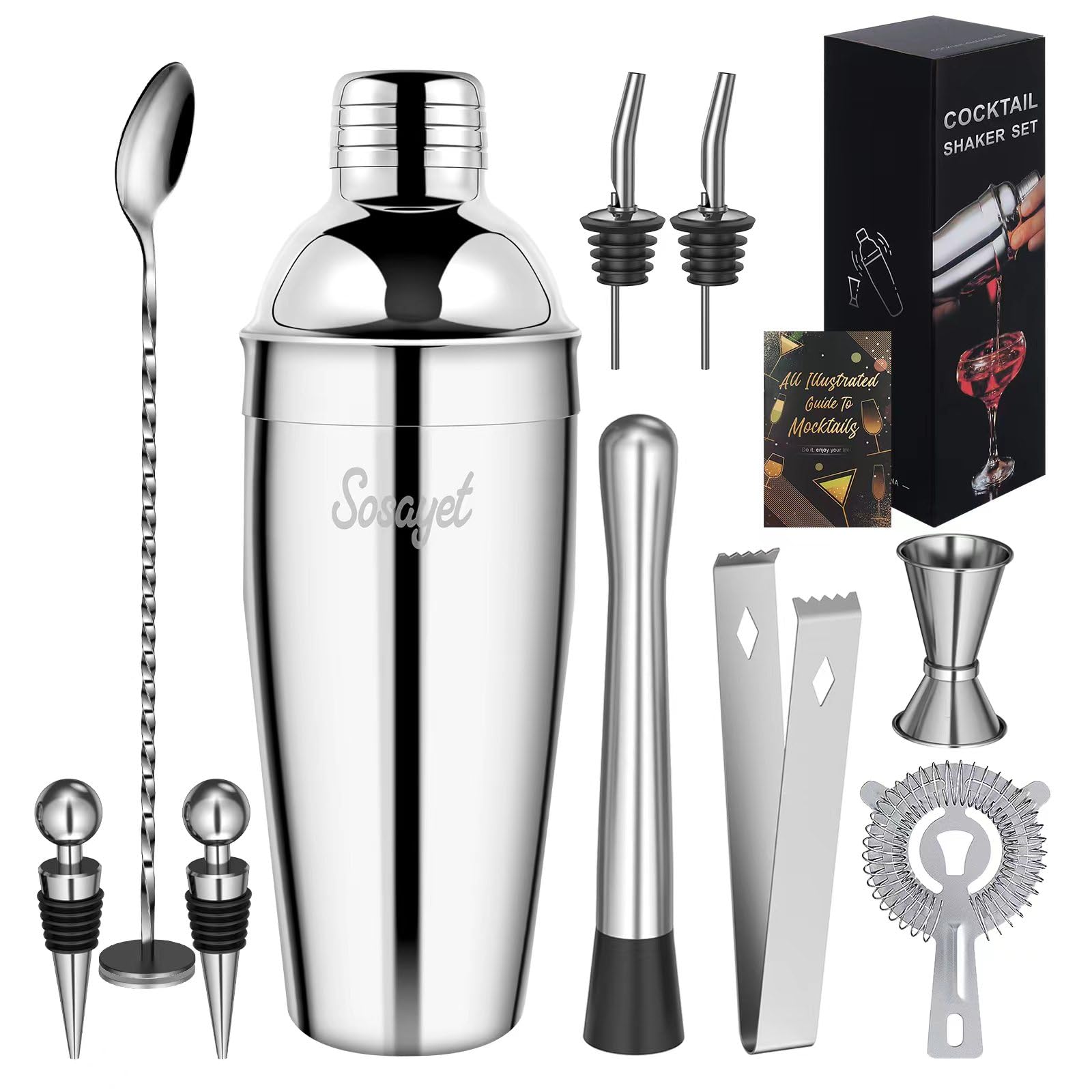 Sosayet Coctelera Profesional 750 mL, 10 Piezas Cocktail Kit con Jigger 15/30 ml, Mortero de Cóctel, Bartender kit Regalos para Hombres Amantes del Cocktail