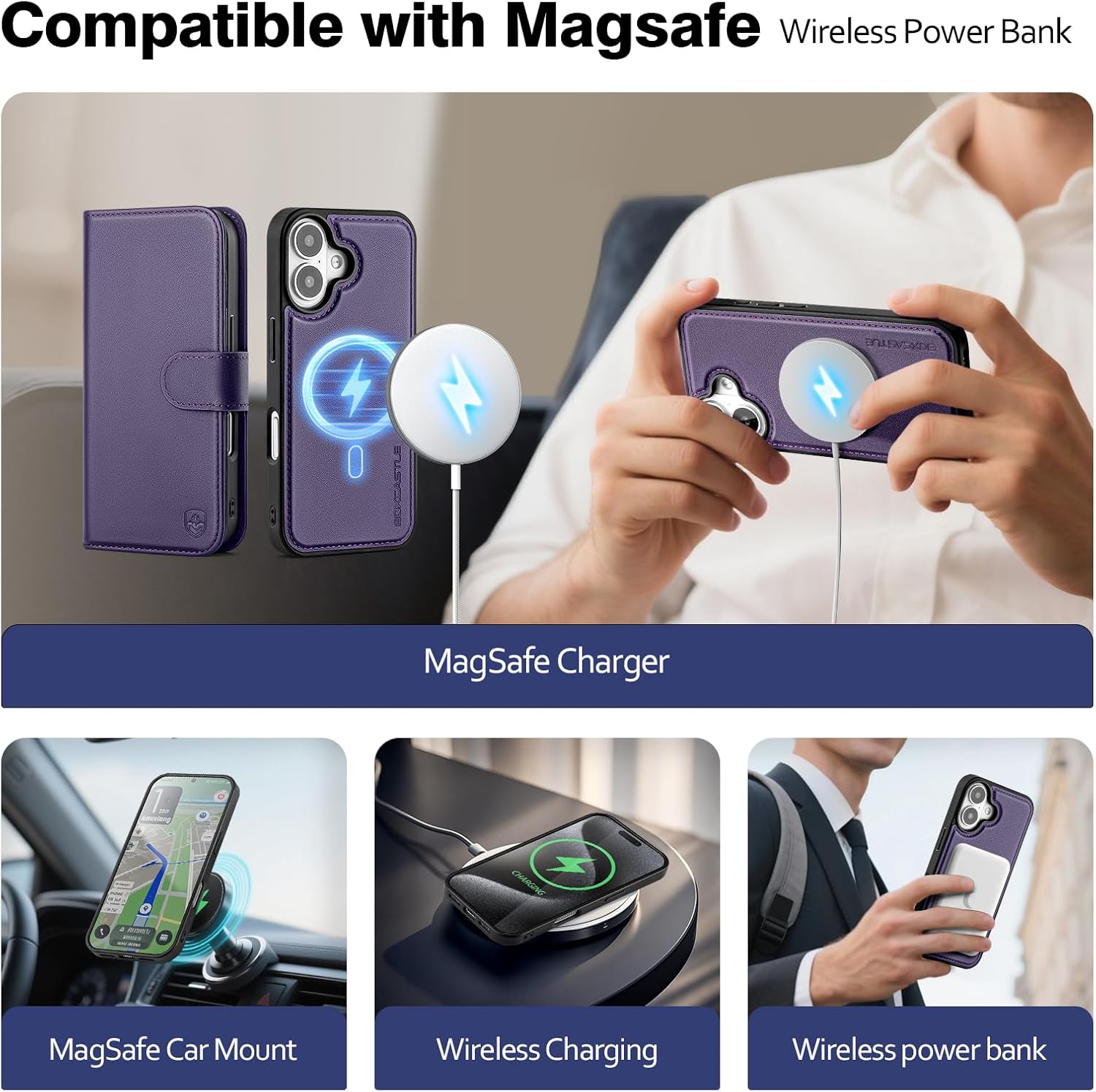 Magnetic 2 in 1 Detachable Compatible with Magsafe iPhone 17 Genuine Wallet Case with Card Holder,Women Men Real Leather Flip RFID Blocking Credit Card Slots Stand Phone Cover,Purple - Image 4
