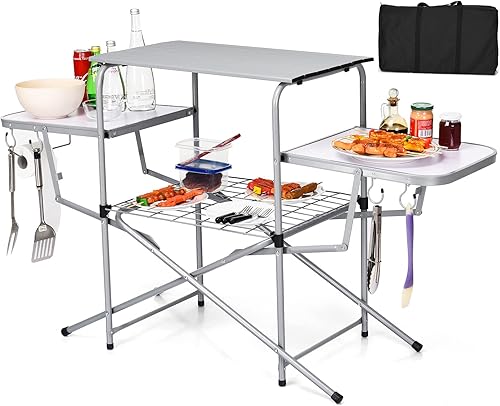 Giantex Mesa plegable para parrilla con mesa principal de 26 pulgadas, mesa portátil de aluminio para camping, bolsa de transporte, instalación
