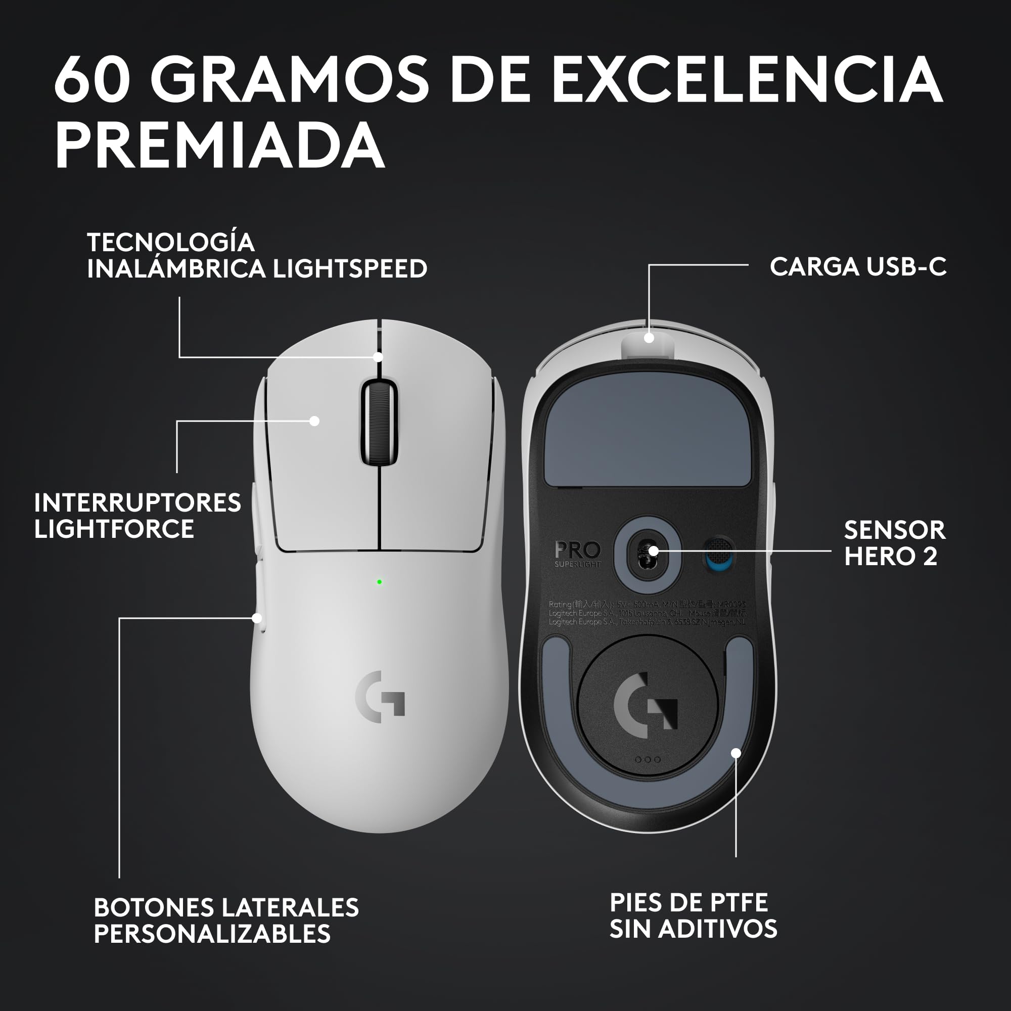 Logitech G PRO X SUPERLIGHT 2, Ratón inalámbrico para gamingratón Pro-Grade de 60 g con 5 botones programables,Europa del Este Envases,44 000 DPI,velocidad de respuesta de 8 kHz,USB-C, PC/Mac - Blanco
