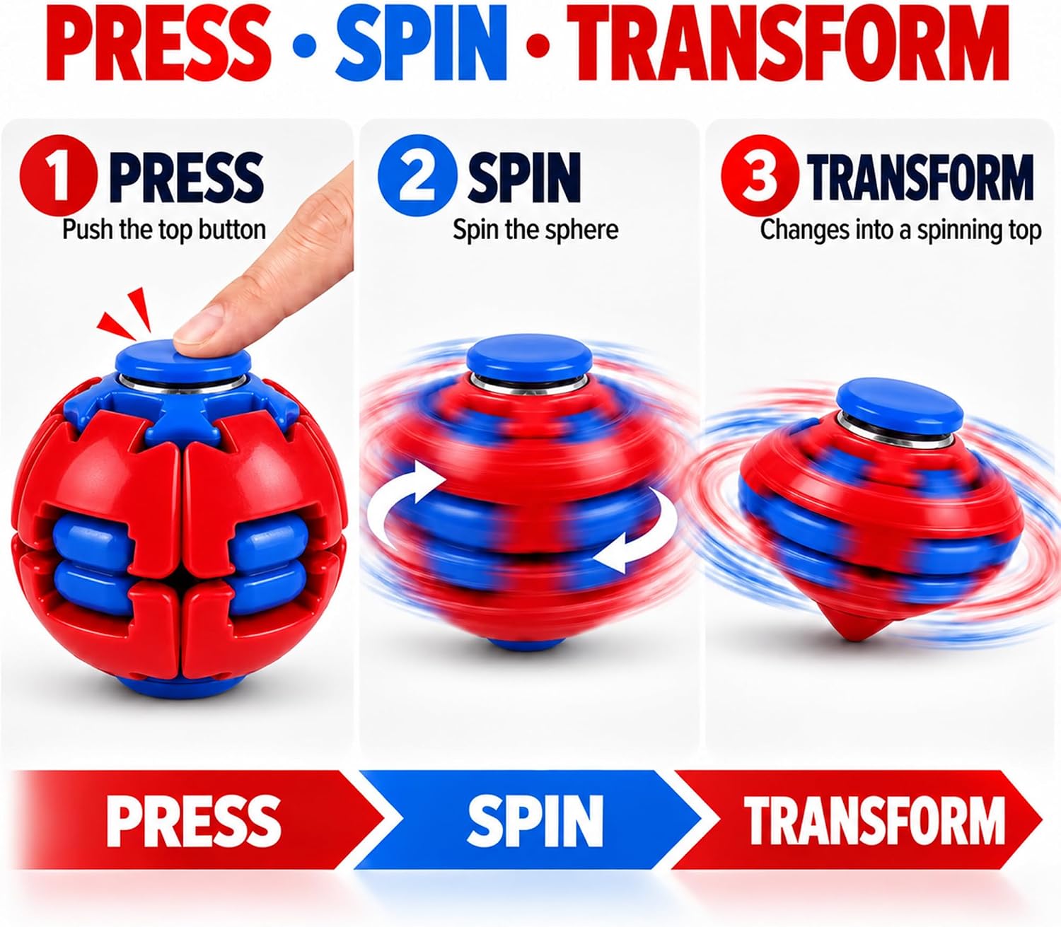 Press to Spin Fidget Spinner Ball, 3D Rotating Sensory Desk Toy, Red image 2