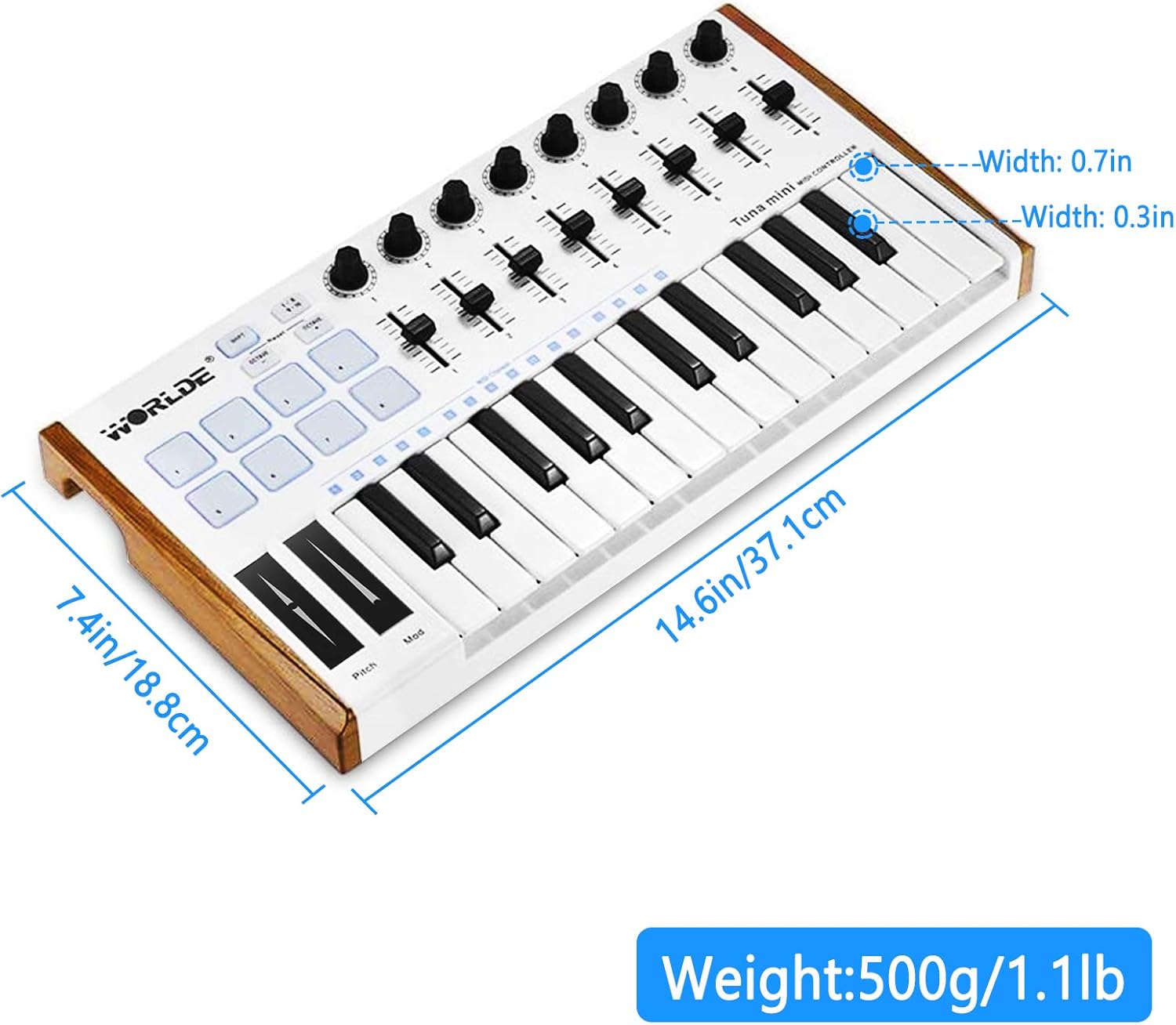 Vangoa Worlde TUNA MINI 25 Key USB MIDI Keyboard Controller with Drum Pads, 8 RGB Backlit Beat Pads, 8 Knobs, 8 Faders, White : Musical Instruments
